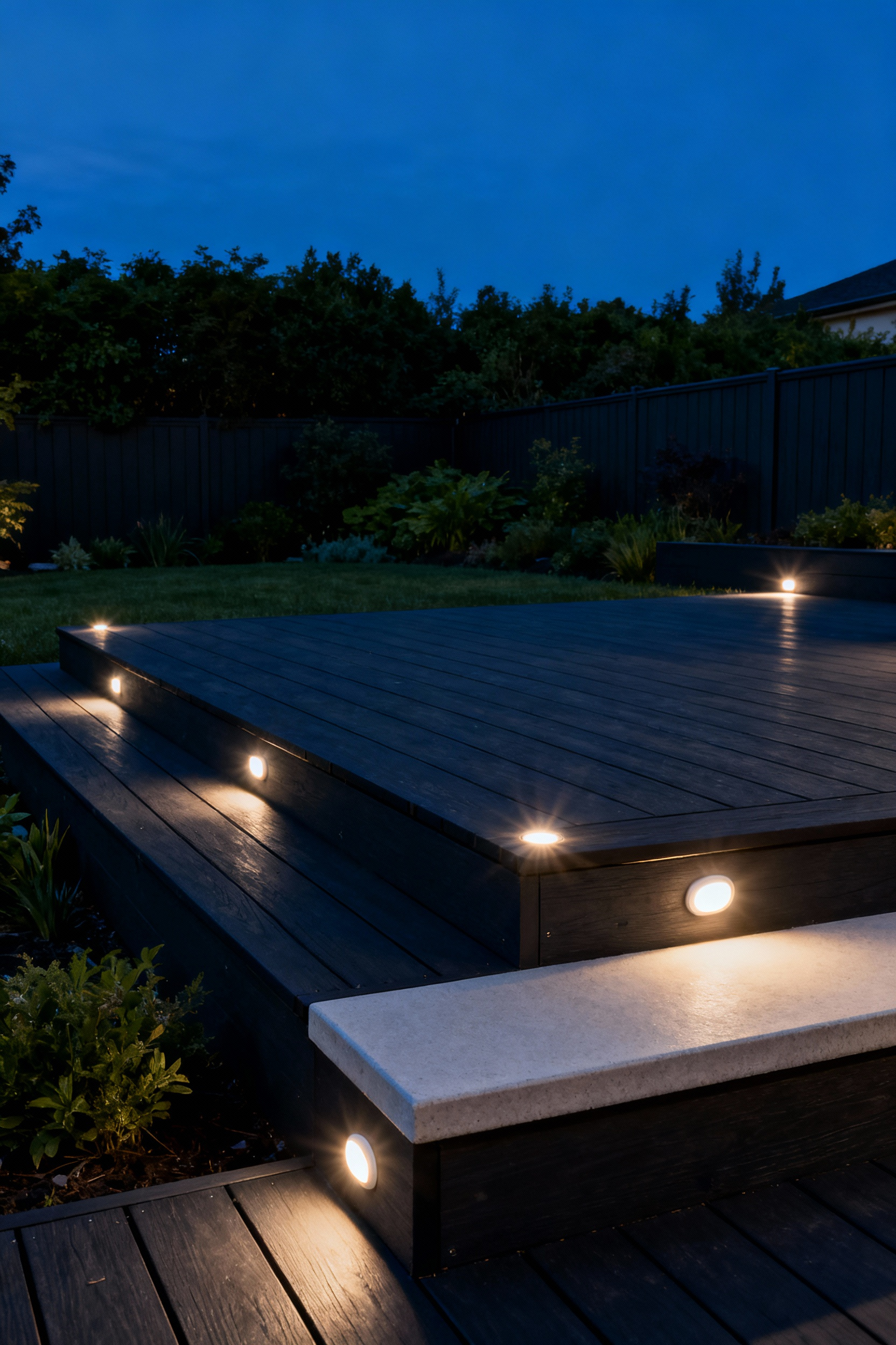 A photograph of a modern backyard deck at twilight featuring subtle in-floor recessed LED lighting outlining the perimeter and marking a change in elevation for safe wayfinding and sophisticated ambiance.