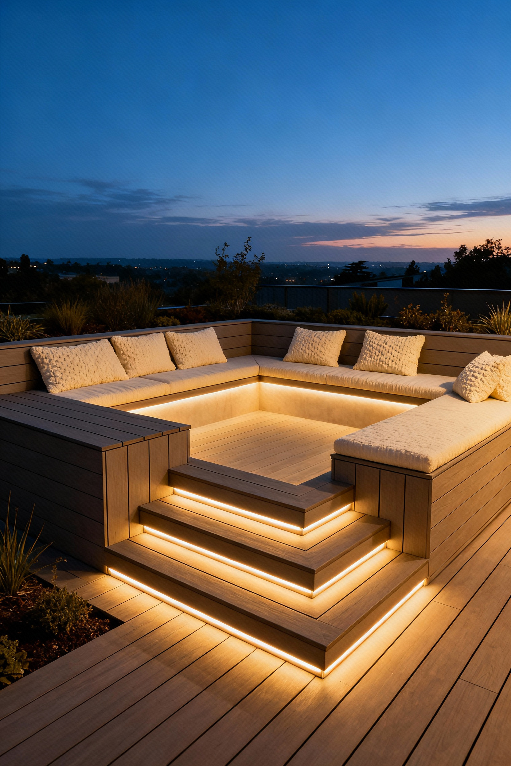 An architectural view of a sunken conversation pit built into a modern backyard deck, illuminated by warm recessed lighting creating an intimate gathering space.