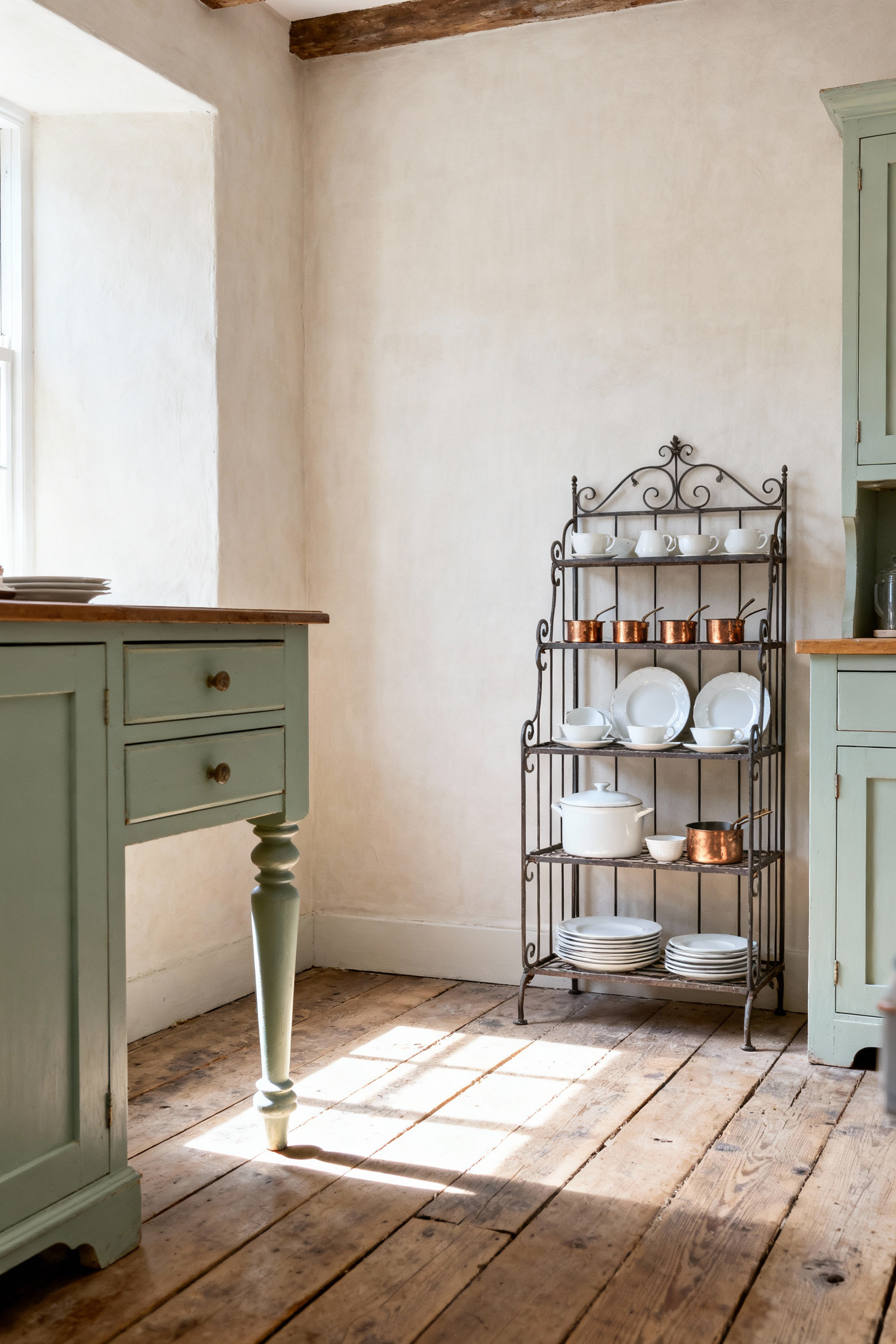 Unfitted small cottage kitchen showcasing a freestanding antique dresser and open baker's rack, emphasizing negative space and light traveling under the units to create airiness.