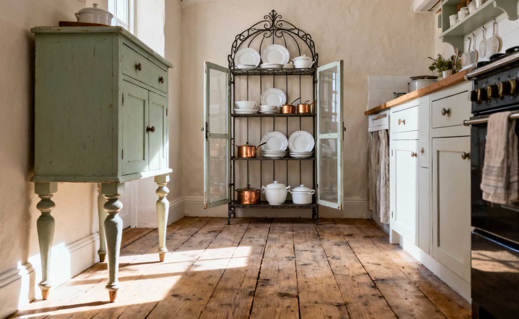 Unfitted small cottage kitchen showcasing a freestanding antique dresser and open baker's rack, emphasizing negative space and light traveling under the units to create airiness.