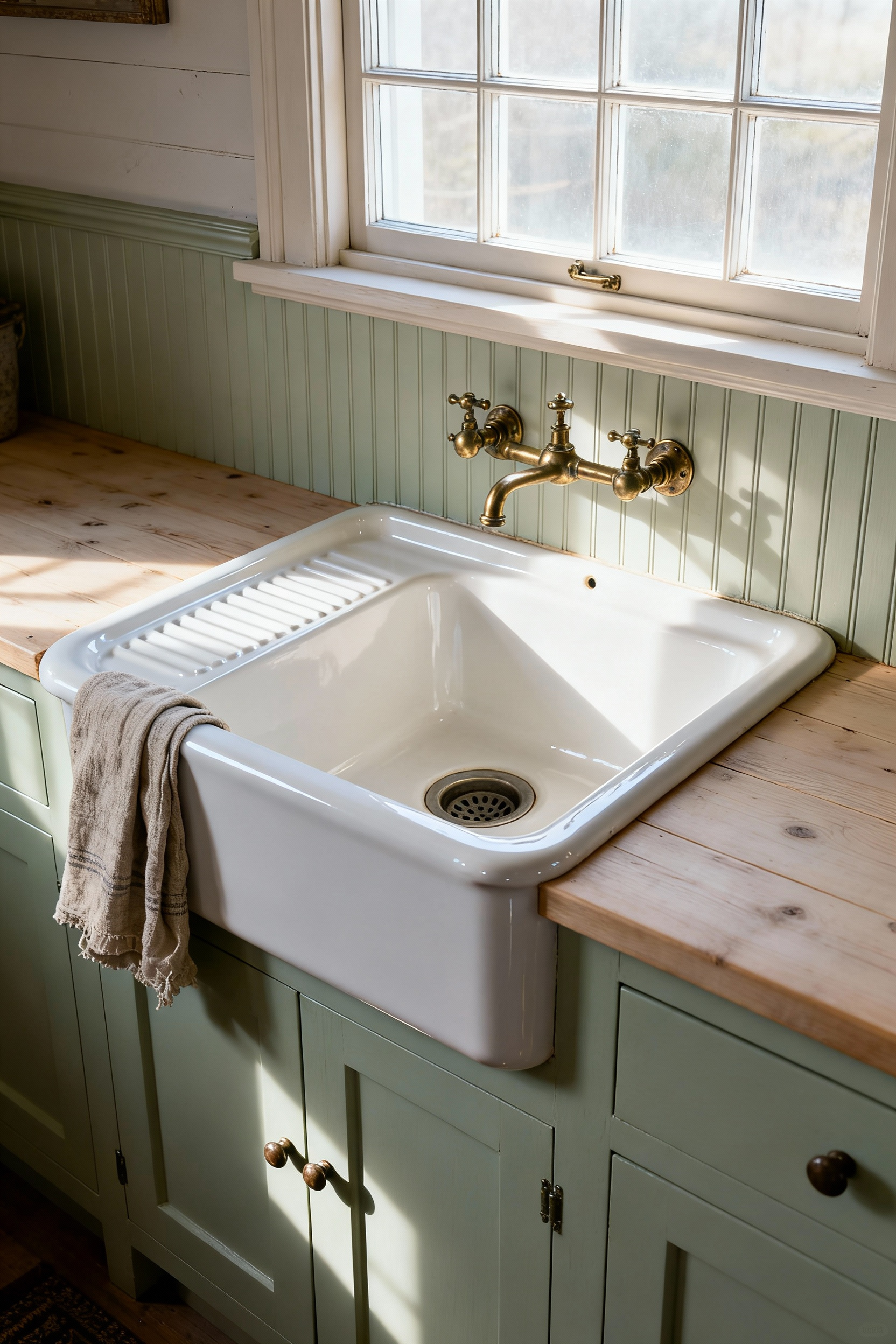 A wall-mounted vintage cast-iron single-basin sink with an integrated drainboard in a bright small cottage kitchen, emphasizing the glossy white enamel finish and historical design.