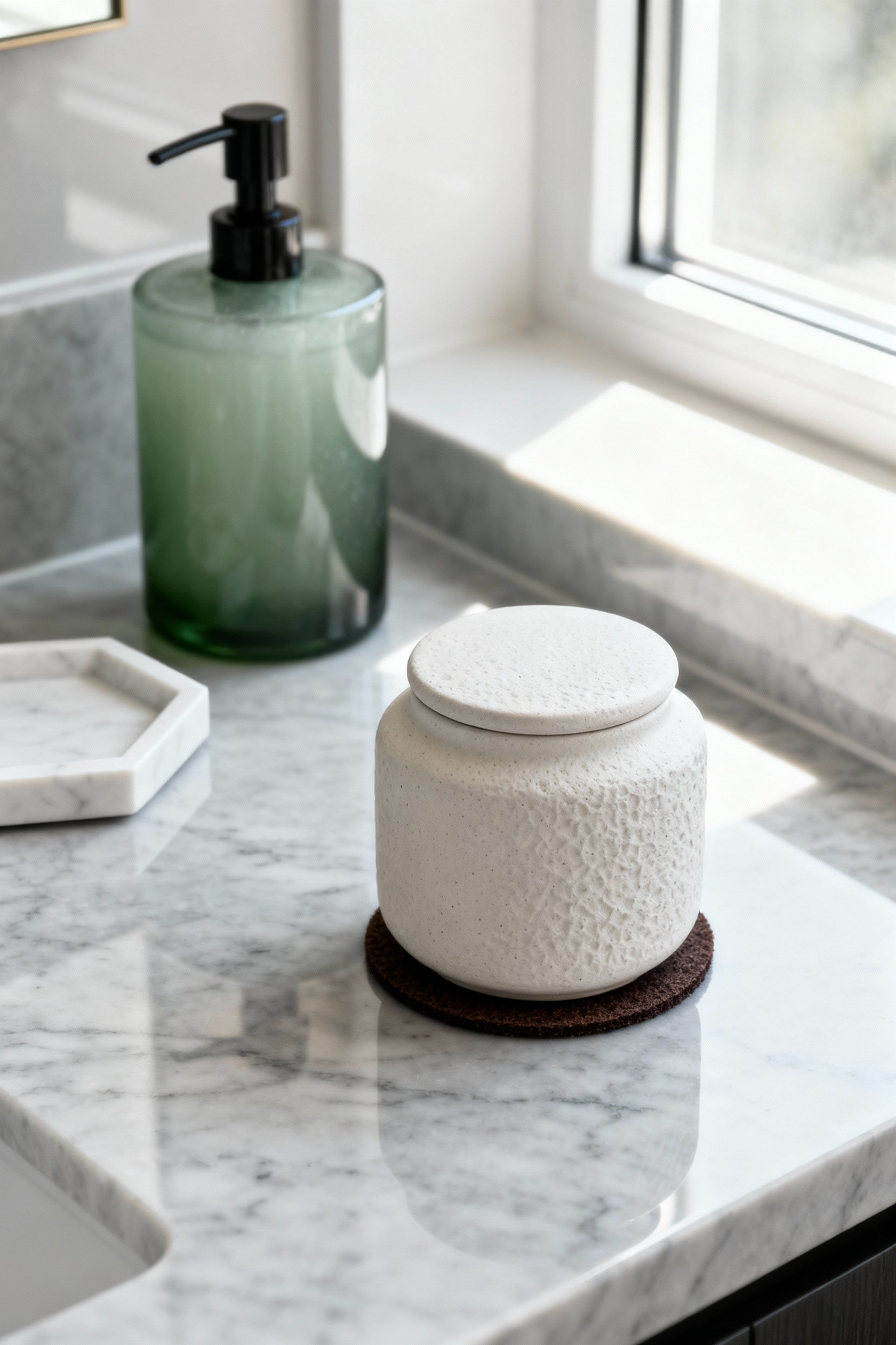 Modern bathroom counter decor vignette featuring glass and ceramic items resting on a polished quartz surface, highlighting the dark felt sound-dampening pads used underneath the ceramic jar.