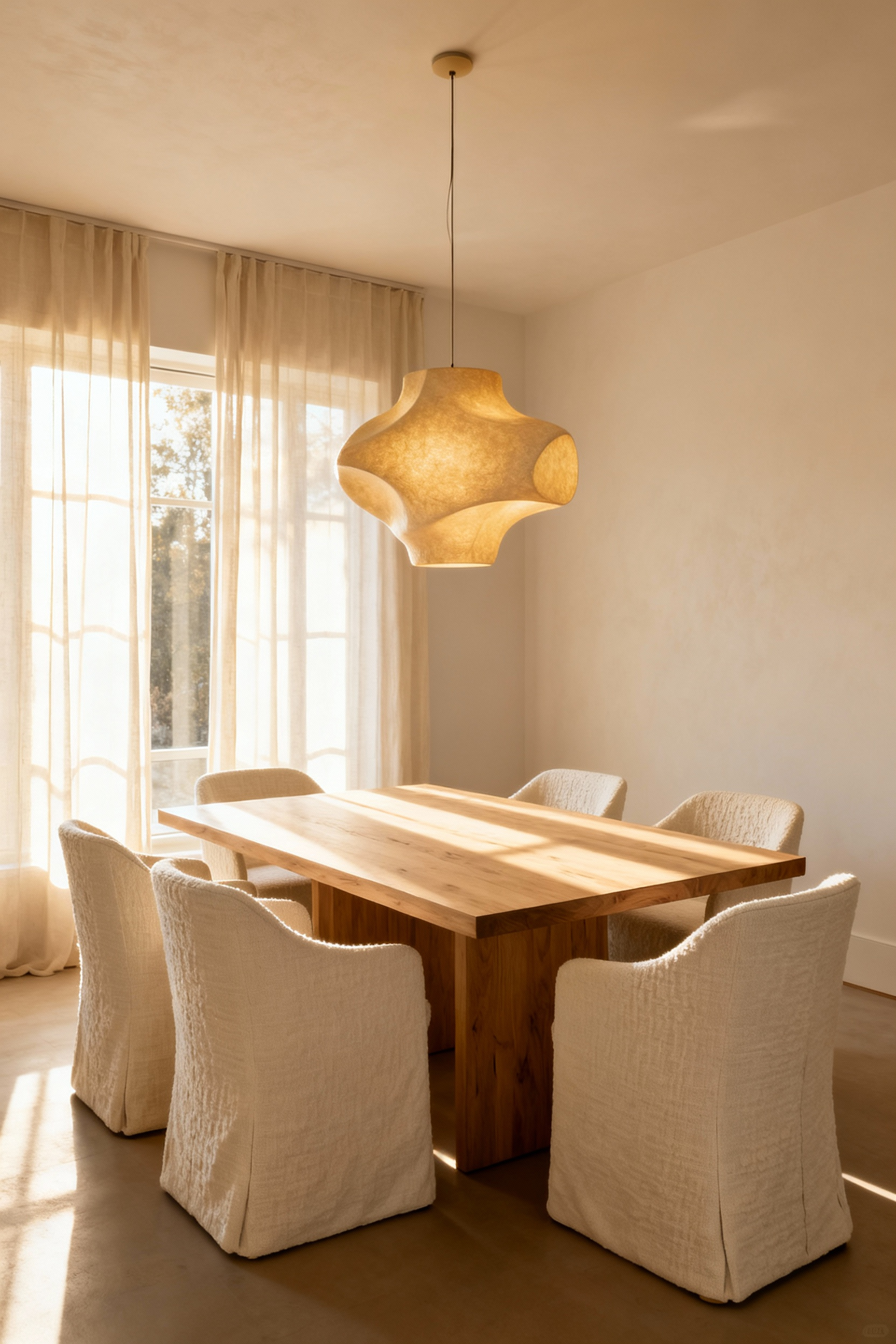 Spacious white dining room featuring cream-toned walls, a natural oak table, and soft, warm sunlight emphasizing a cozy, inviting atmosphere.