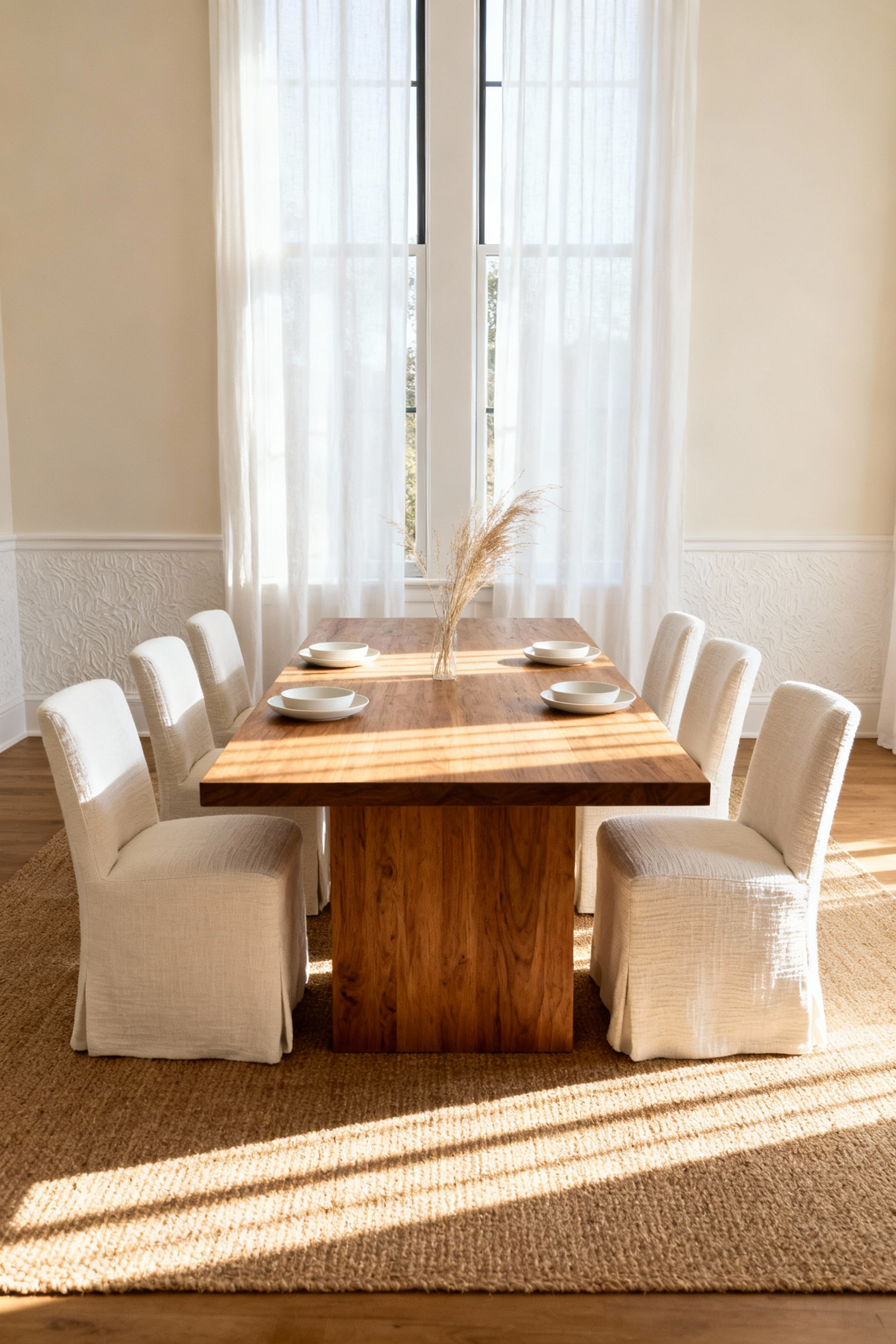 Warm, inviting white dining room remodel featuring textured linen chairs, an oak wood table, and soft morning sunlight streaming through sheer curtains.