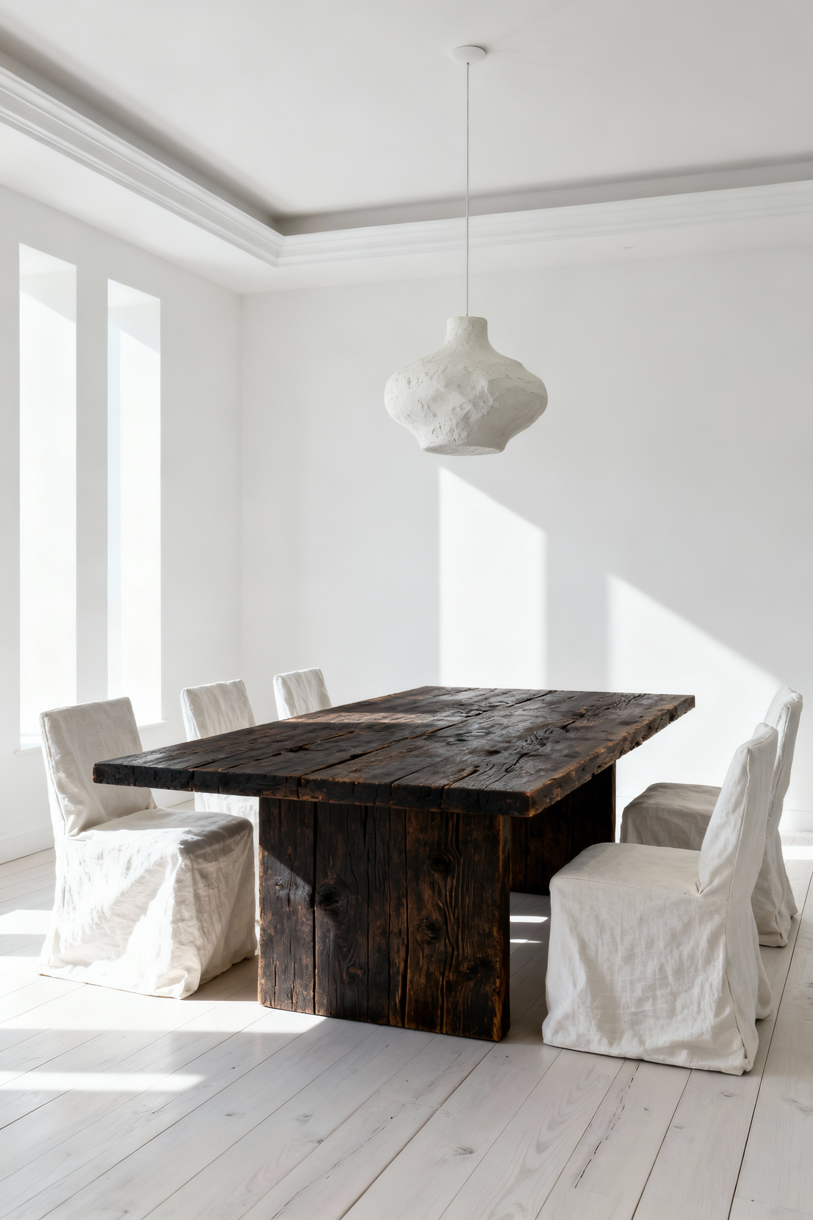 A bright white minimalist dining room dominated by a large, heavily textured reclaimed wood dining table, illustrating the sophisticated contrast between pristine white surfaces and weathered materials.