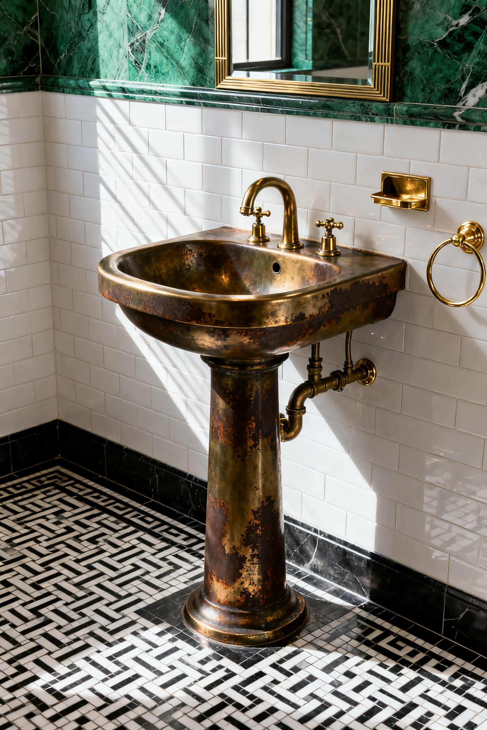 A luxurious Art Deco bathroom featuring emerald green marble walls, black and white geometric floor tiles, and unlacquered brass sink fixtures showing a natural, warm patina.