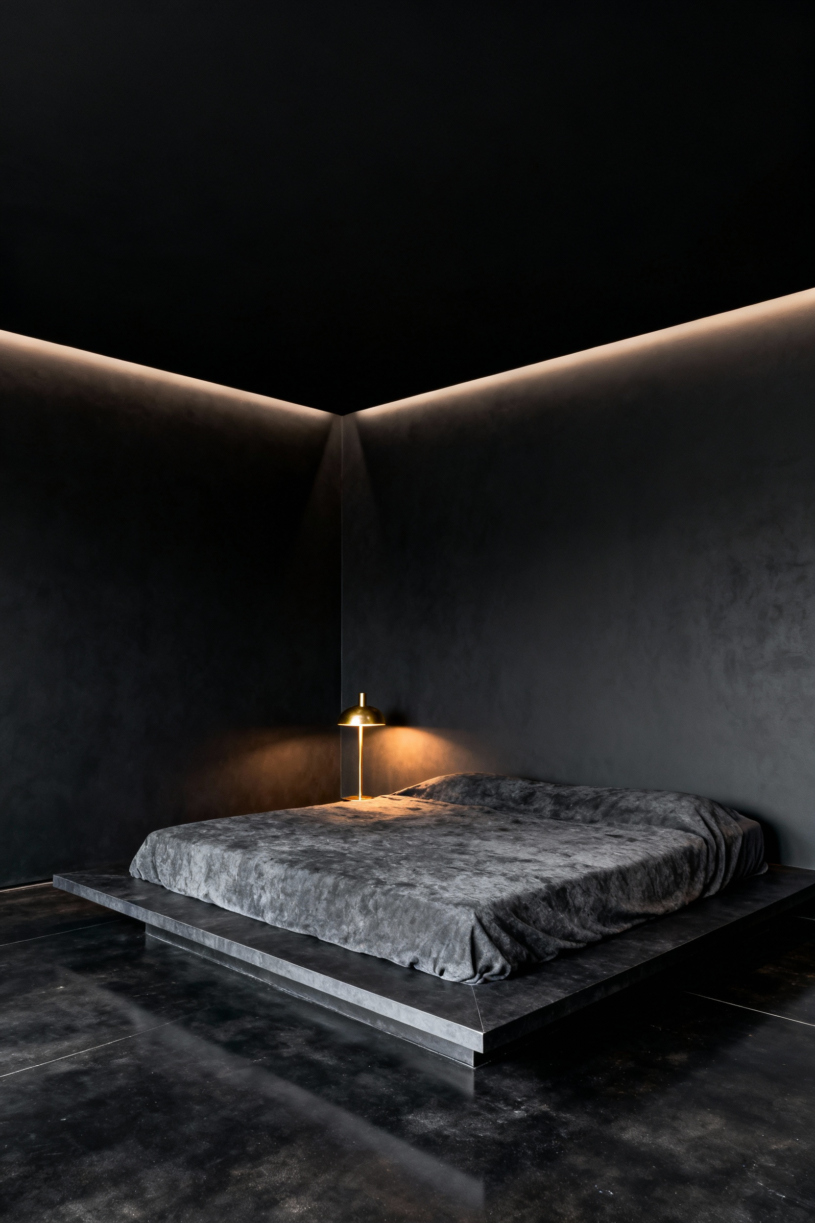 Minimalist modern bedroom interior featuring a floating pitch-black ceiling emphasized by perimeter cove lighting, enhancing the expansive architectural drama of the space.