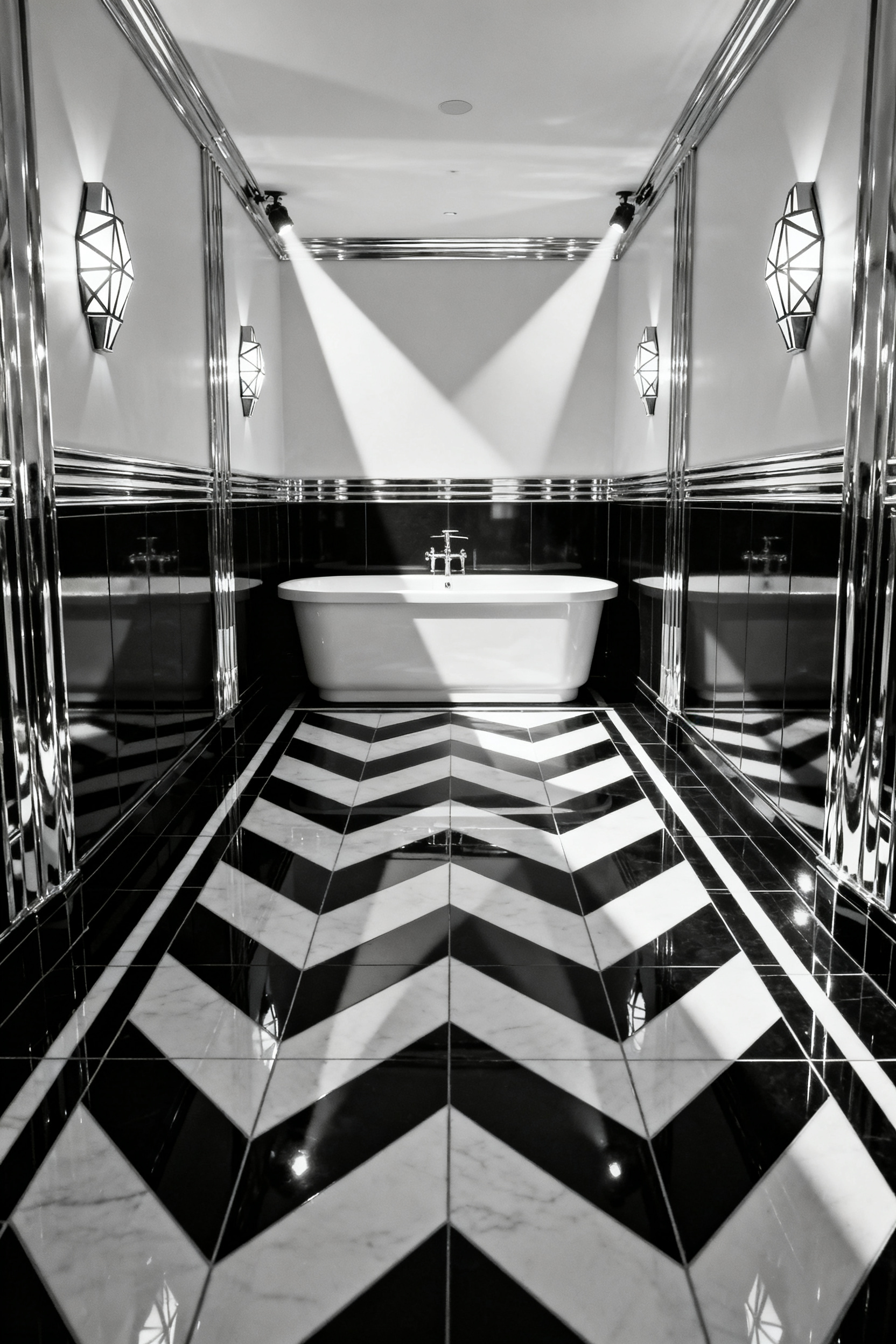 A wide-angle view of a luxurious Art Deco bathroom featuring high-gloss black and white chevron floor tiles, which create a strong directional effect toward a streamlined bathtub and geometric chrome fixtures.