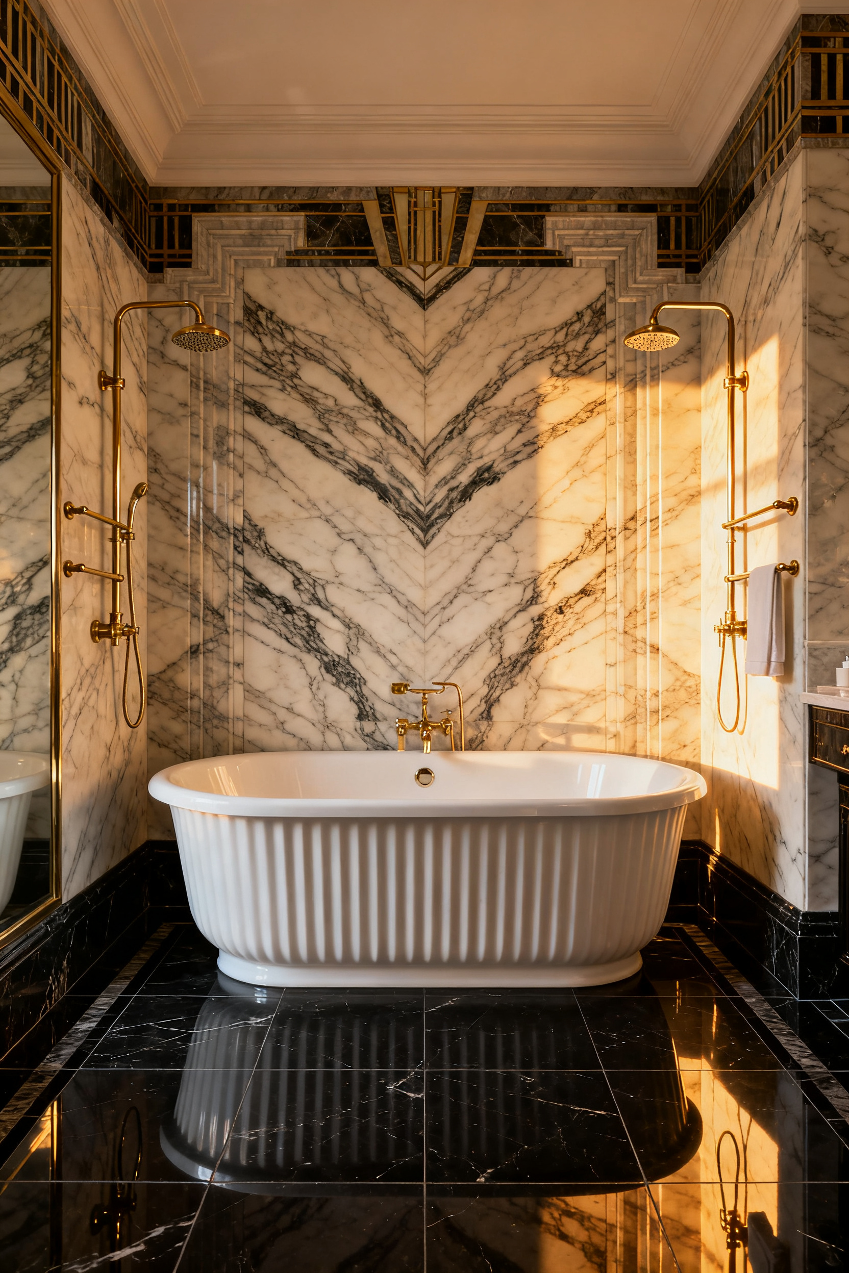 Floor-to-ceiling bookmatched Statuario marble slabs creating a dramatic symmetrical vein pattern in a luxurious Art Deco bathroom with gold fixtures and a freestanding tub.