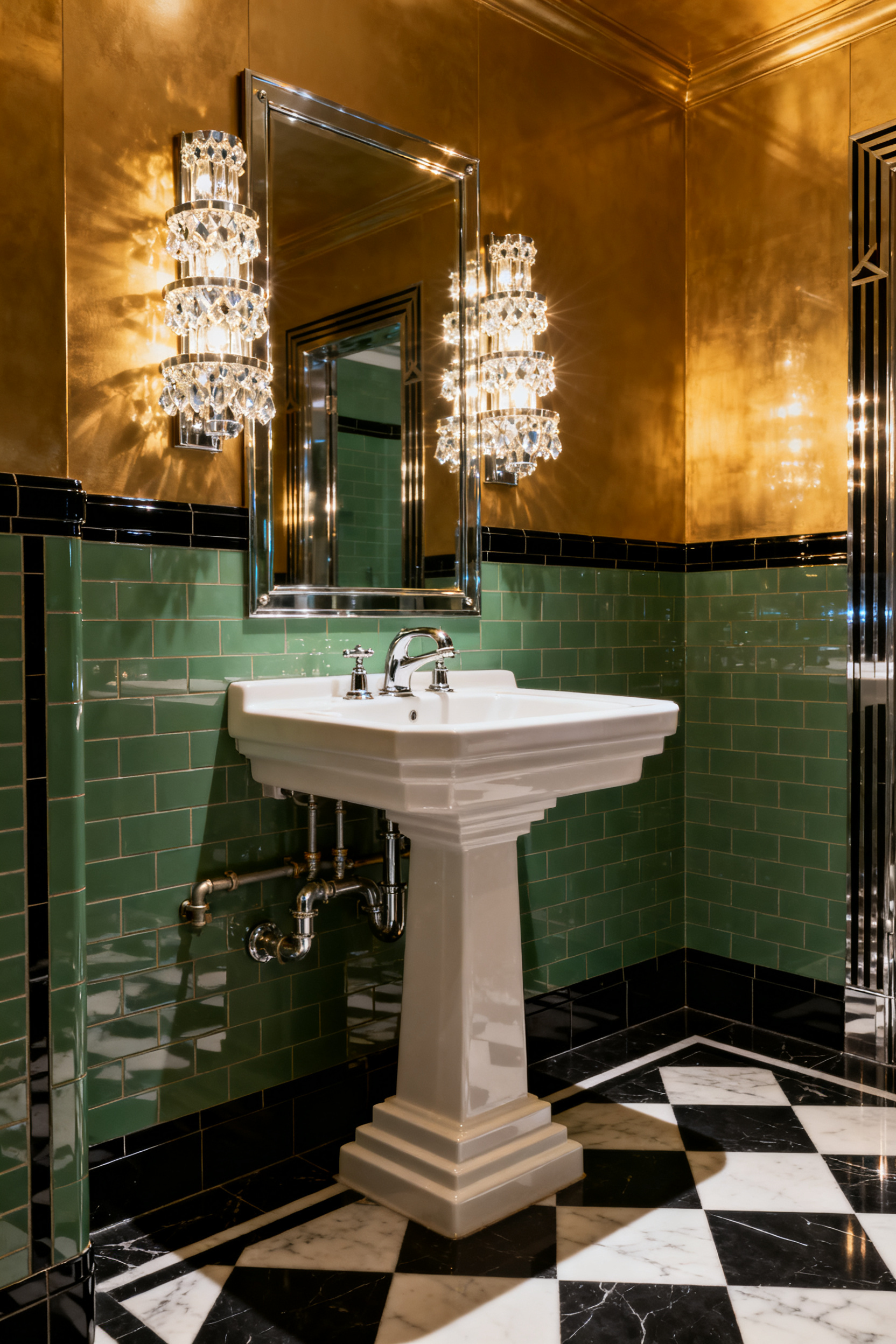 Luxurious Art Deco bathroom interior featuring sharp geometric patterns, polished chrome fixtures, delicate crystal tiered wall sconces, and high-contrast black and white marble flooring, illustrating industrial glamour.