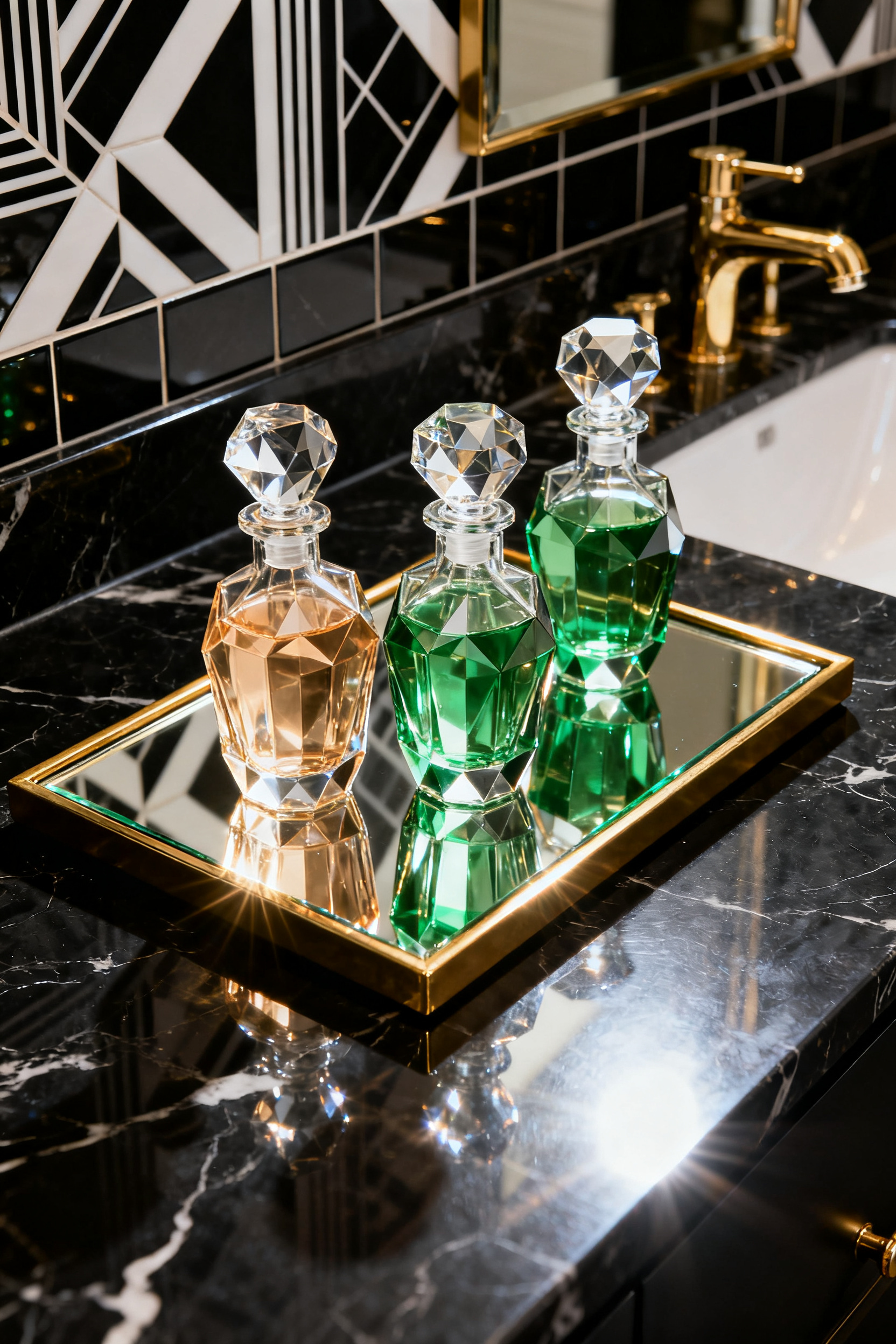 A luxurious Art Deco bathroom vanity featuring a mirrored tray holding geometric crystal decanters filled with colored toiletries, emphasizing the cohesive, glamorous aesthetic.
