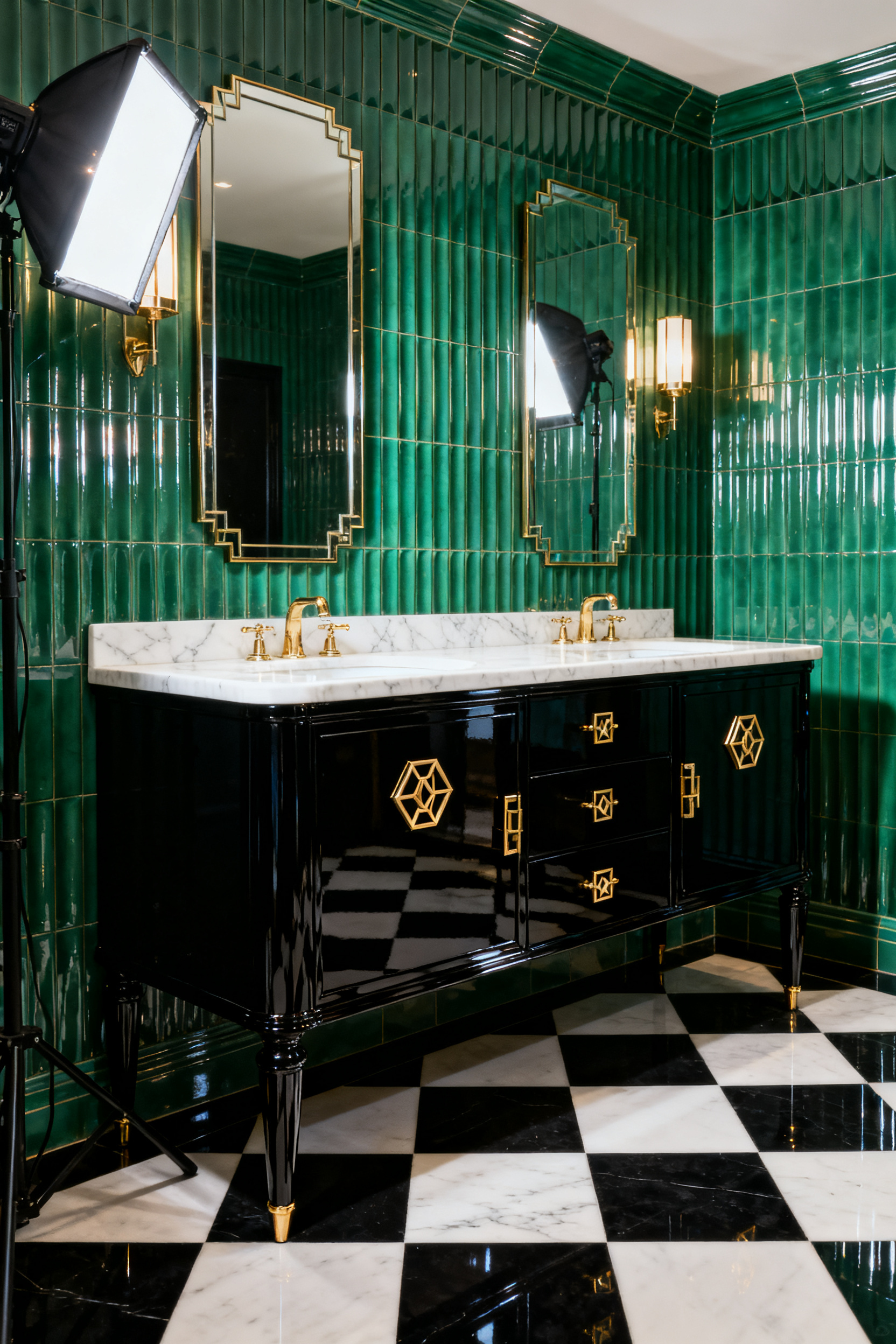 Art Deco bathroom featuring a massive double vanity in ultra high-gloss piano black lacquer, reflecting the dramatic studio lighting and surrounding polished brass fixtures.
