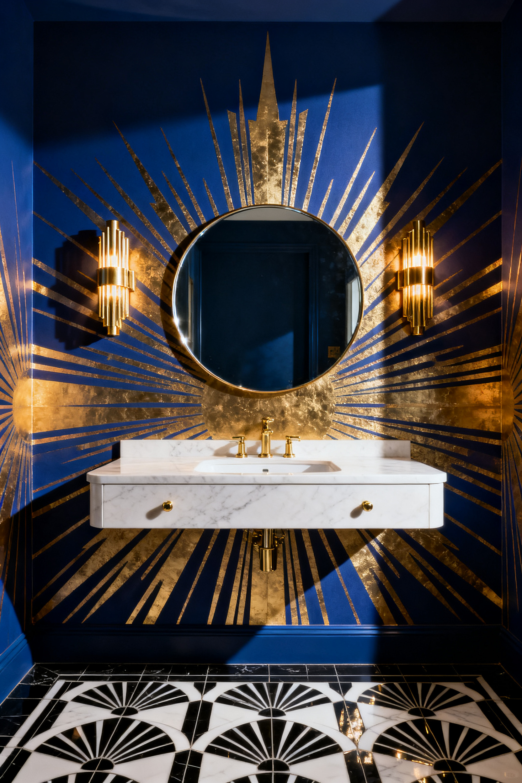 Luxurious Art Deco bathroom interior featuring a dramatic metallic gold sunburst motif wallpaper and black and white geometric floor tiling.
