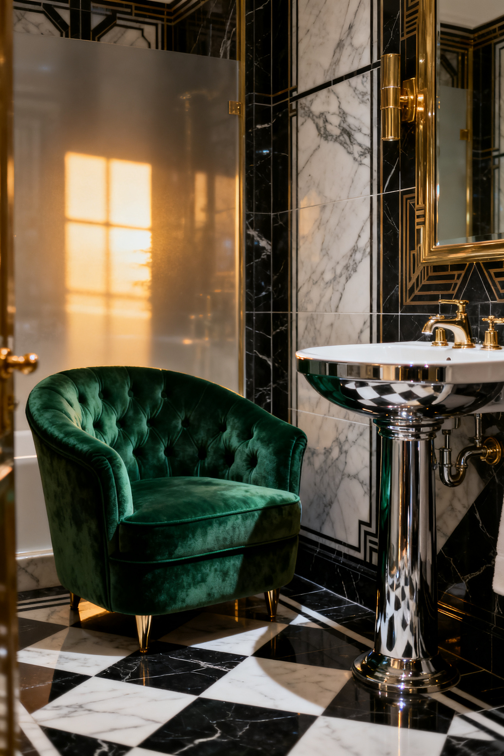 Luxurious Art Deco bathroom featuring high-contrast black and white marble and chrome fixtures, softened by a plush emerald green velvet slipper chair.