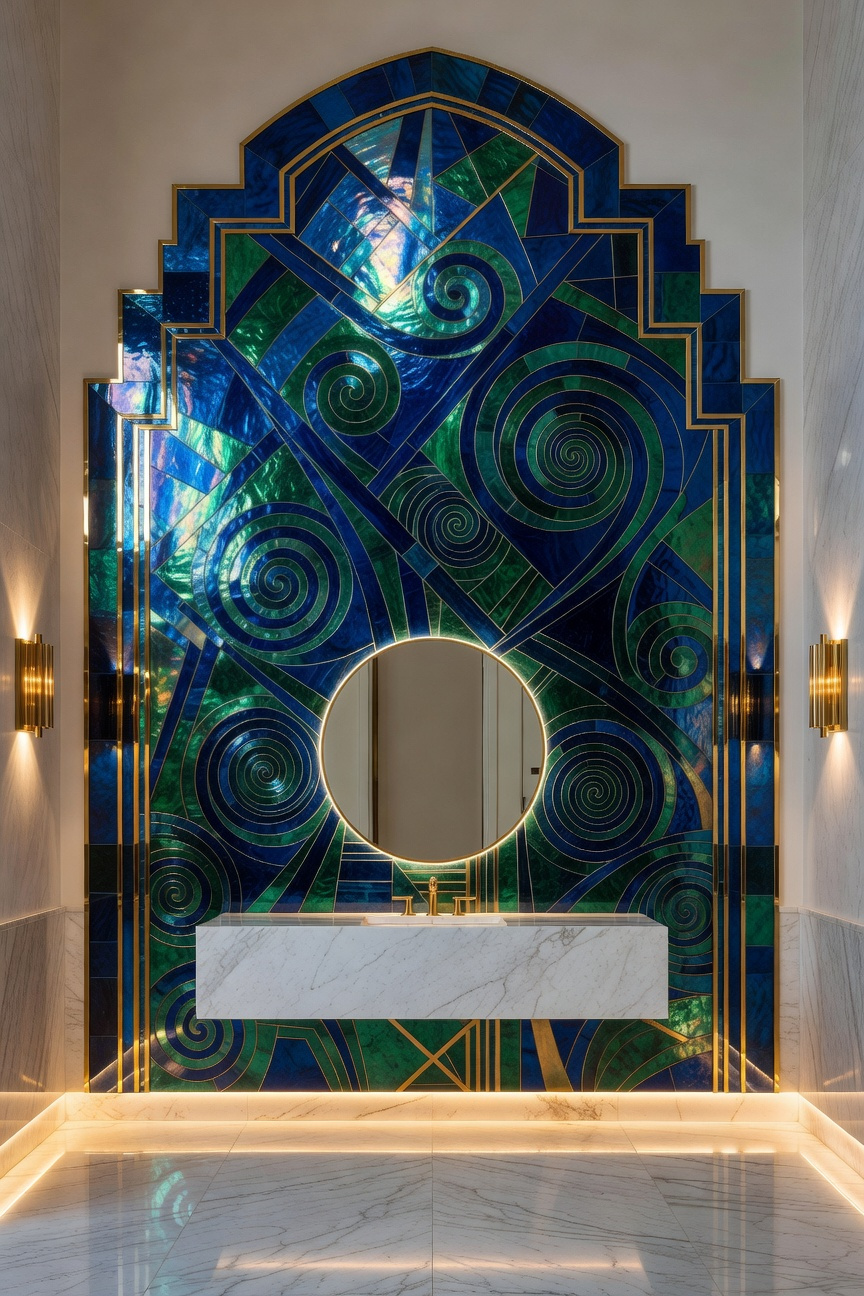 A high-end powder room displaying a stepped Art Deco Ziggurat arch made of metallic and iridescent tiles surrounding a custom mural.