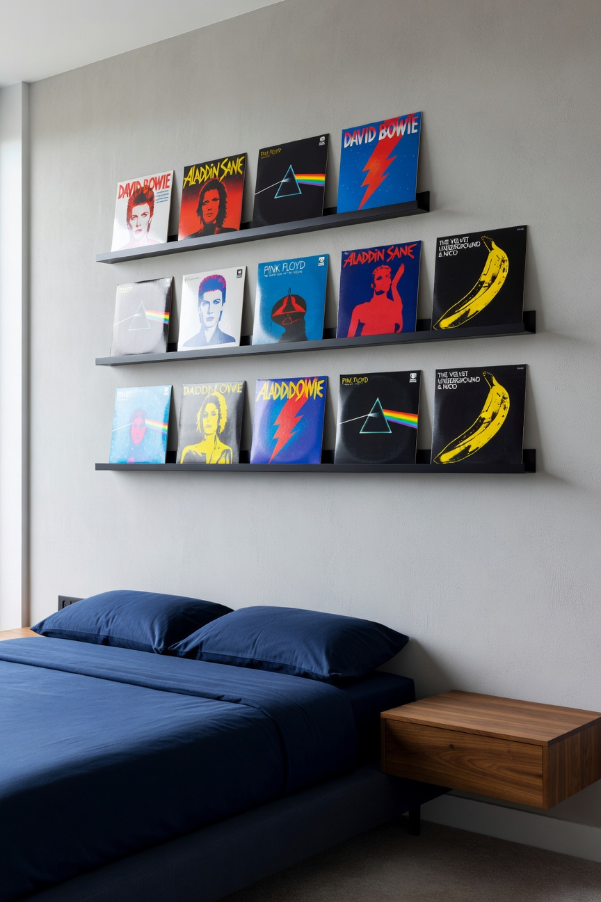 A stylish bedroom wall featuring floating black ledges displaying a collection of colorful vinyl record covers as modern art.