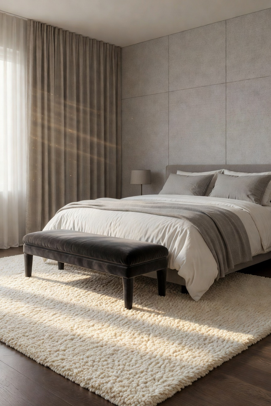 A luxurious bedroom featuring a thick wool area rug and an upholstered bench at the foot of the bed for acoustic softening and sound dampening.