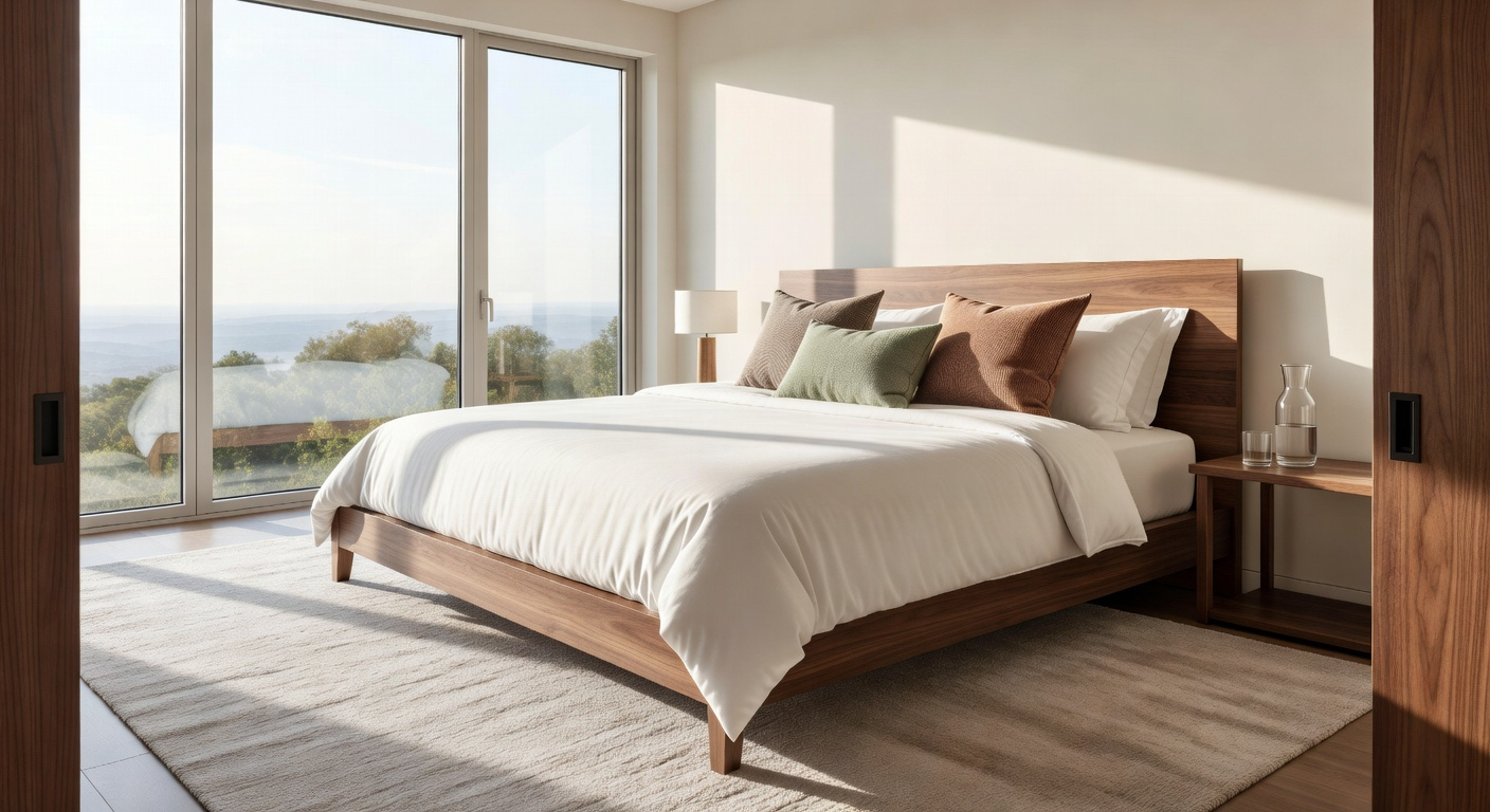 A bright master bedroom illustrating the command position with the bed placed diagonally from the entrance among stylish bedroom furniture decor.