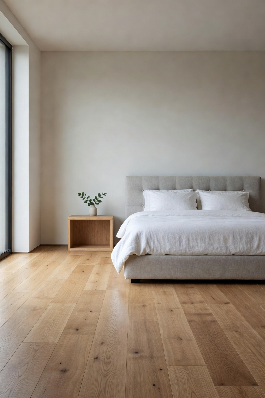 A well-balanced master bedroom layout showing the 60/40 rule with furniture placed to allow for ample open negative space.