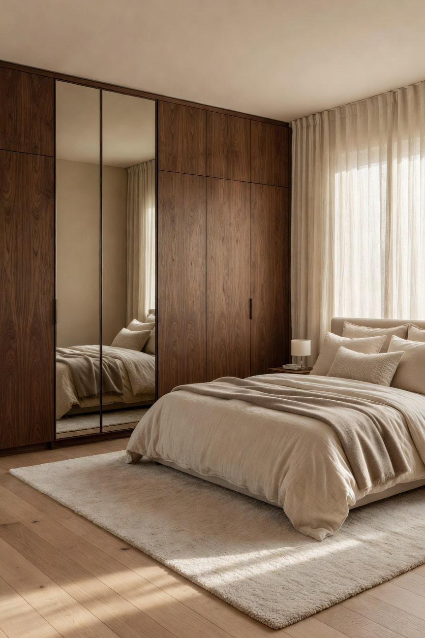 A serene modern bedroom showing a large wooden wardrobe with integrated mirror panels designed to enhance space without disrupting the restful atmosphere.