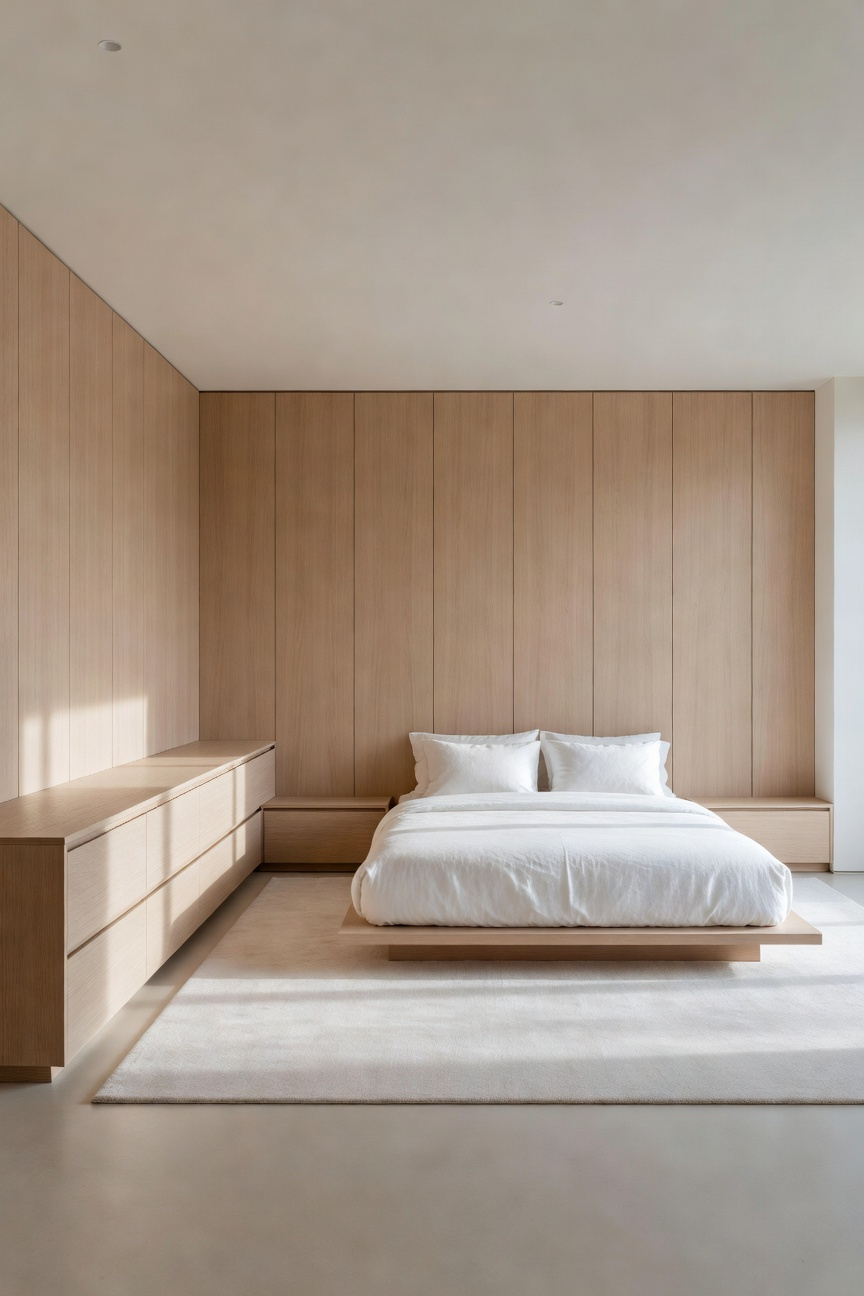 A minimalist bedroom with seamless handle-less wooden storage and clutter-free surfaces to create a sense of visual silence.