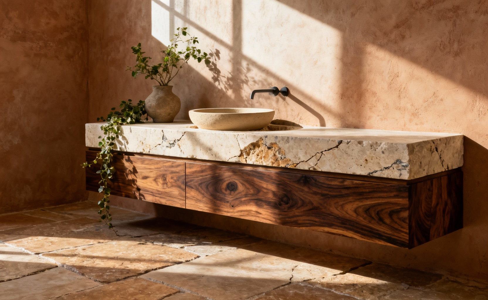 Biophilic bathroom vanity design featuring a floating walnut wood cabinet, honed travertine countertop, and a clay vessel sink under soft natural lighting, emphasizing grounding natural textures.