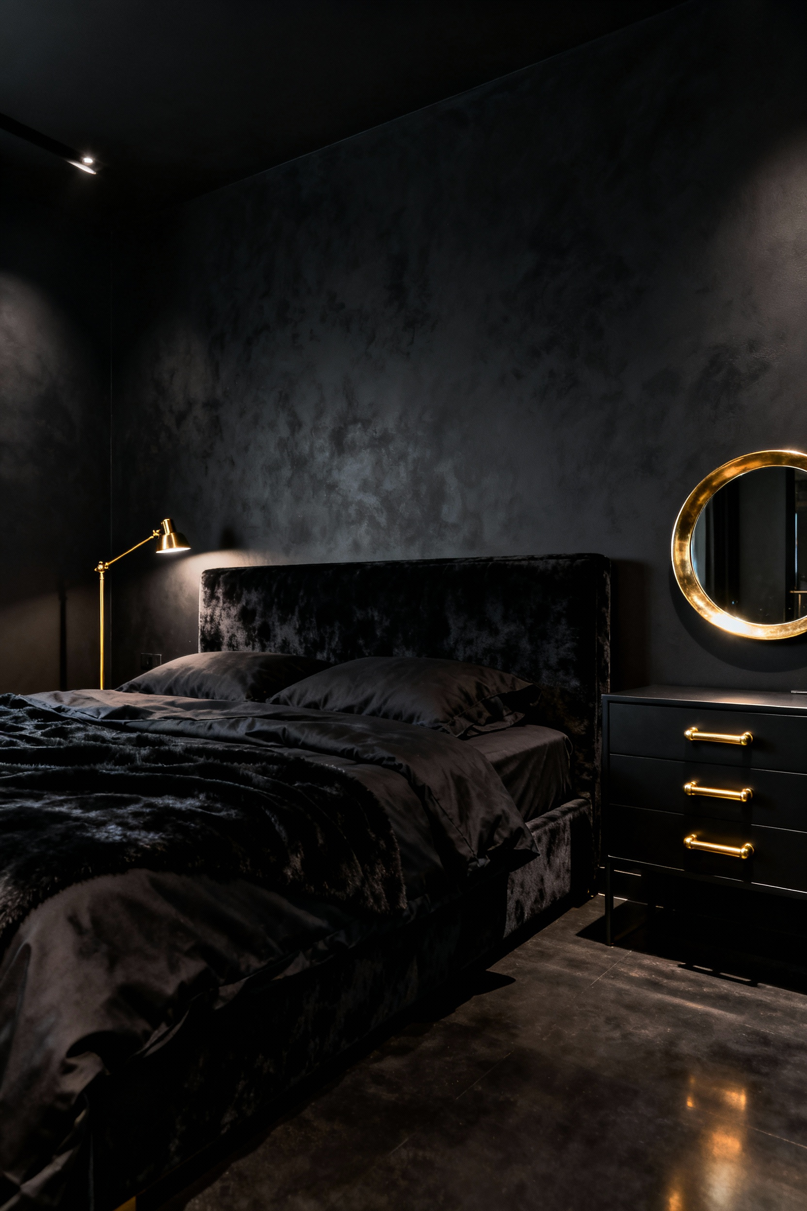 A dramatic black bedroom featuring deep matte walls and black velvet bedding, accented by strategically placed warm brass lighting fixtures and polished gold decorative objects that maximize high-contrast reflectivity.