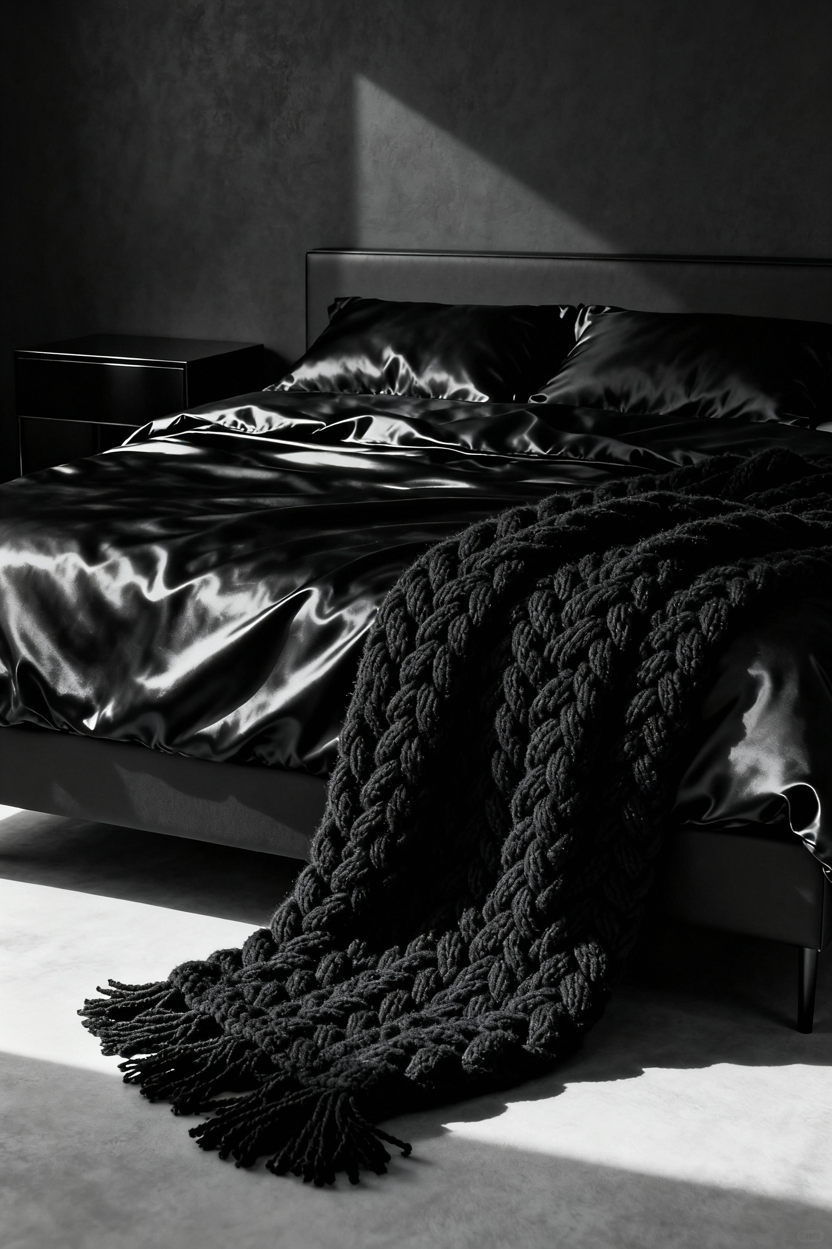 A professionally styled, high-contrast black bedroom featuring a bed layered with sleek black satin bedding and an oversized, matte black chunky knit throw draped across the foot, illustrating haptic textile layering.