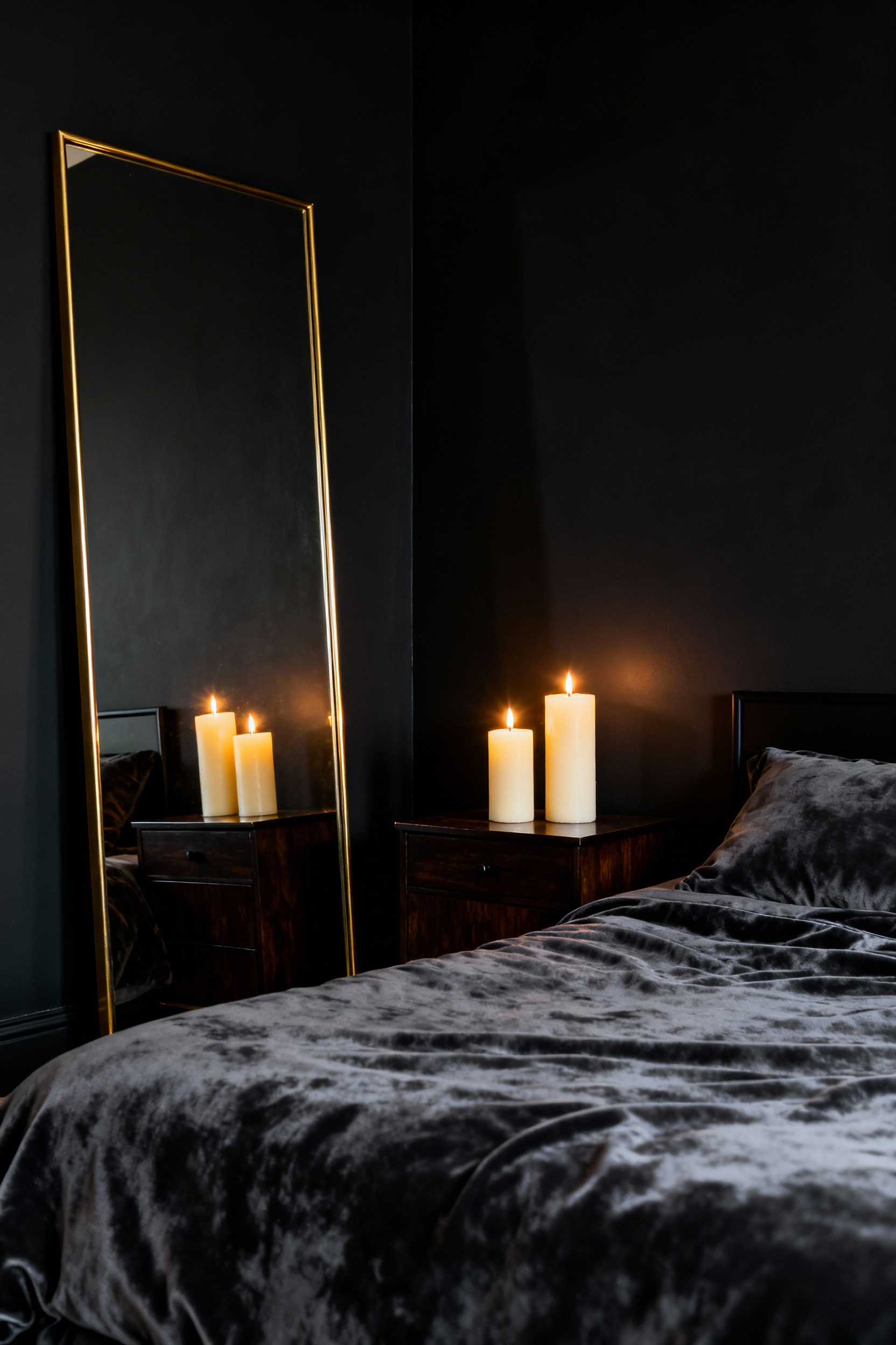 A luxurious modern bedroom featuring matte black walls and a large, brass-framed mirror reflecting the warm light of three pillar candles, effectively extending the depth of the dark space.