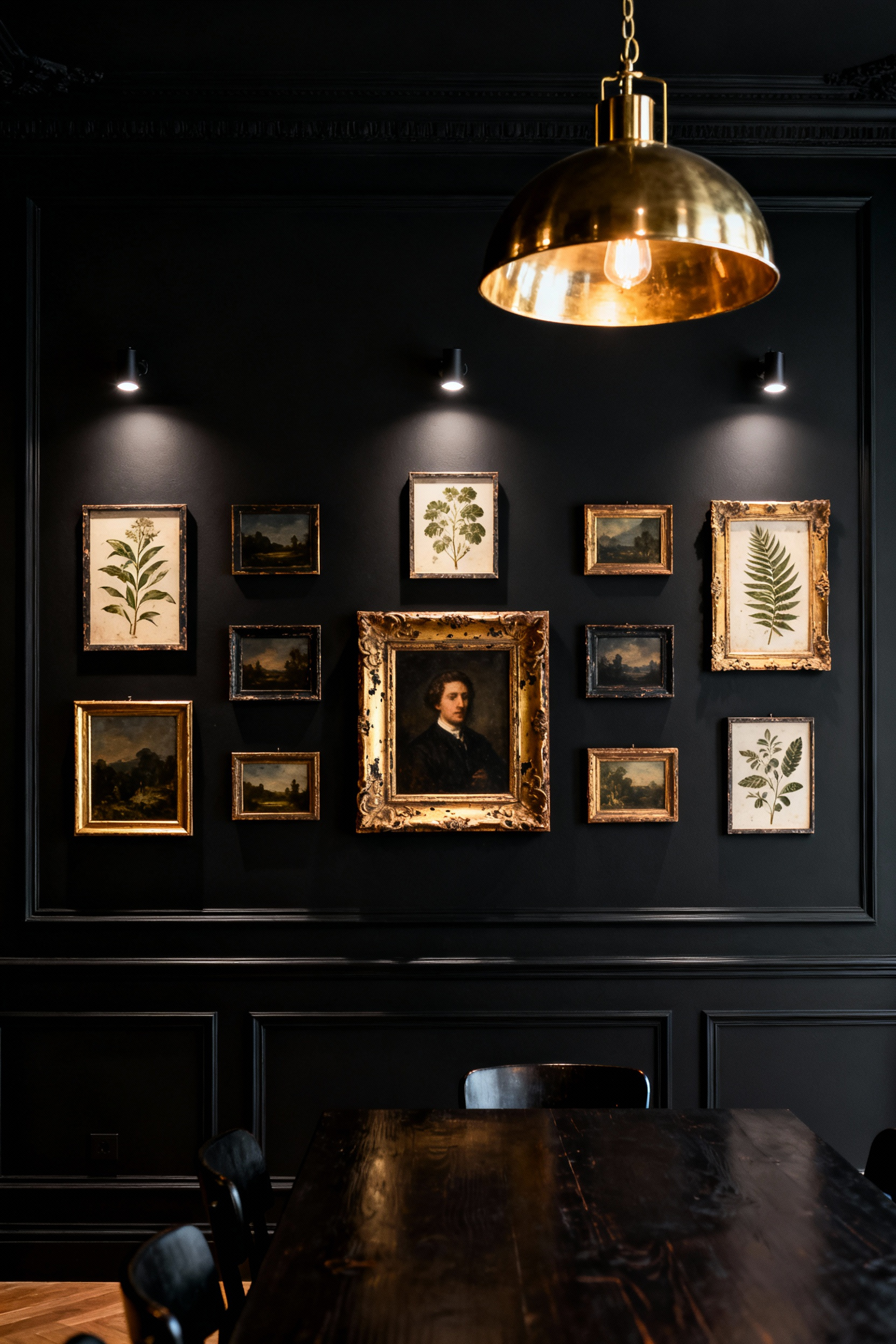 A moody dining room with matte black walls showcasing a dense gallery wall composed of vintage oil paintings and botanical prints framed in ornate, reflective antique gold.