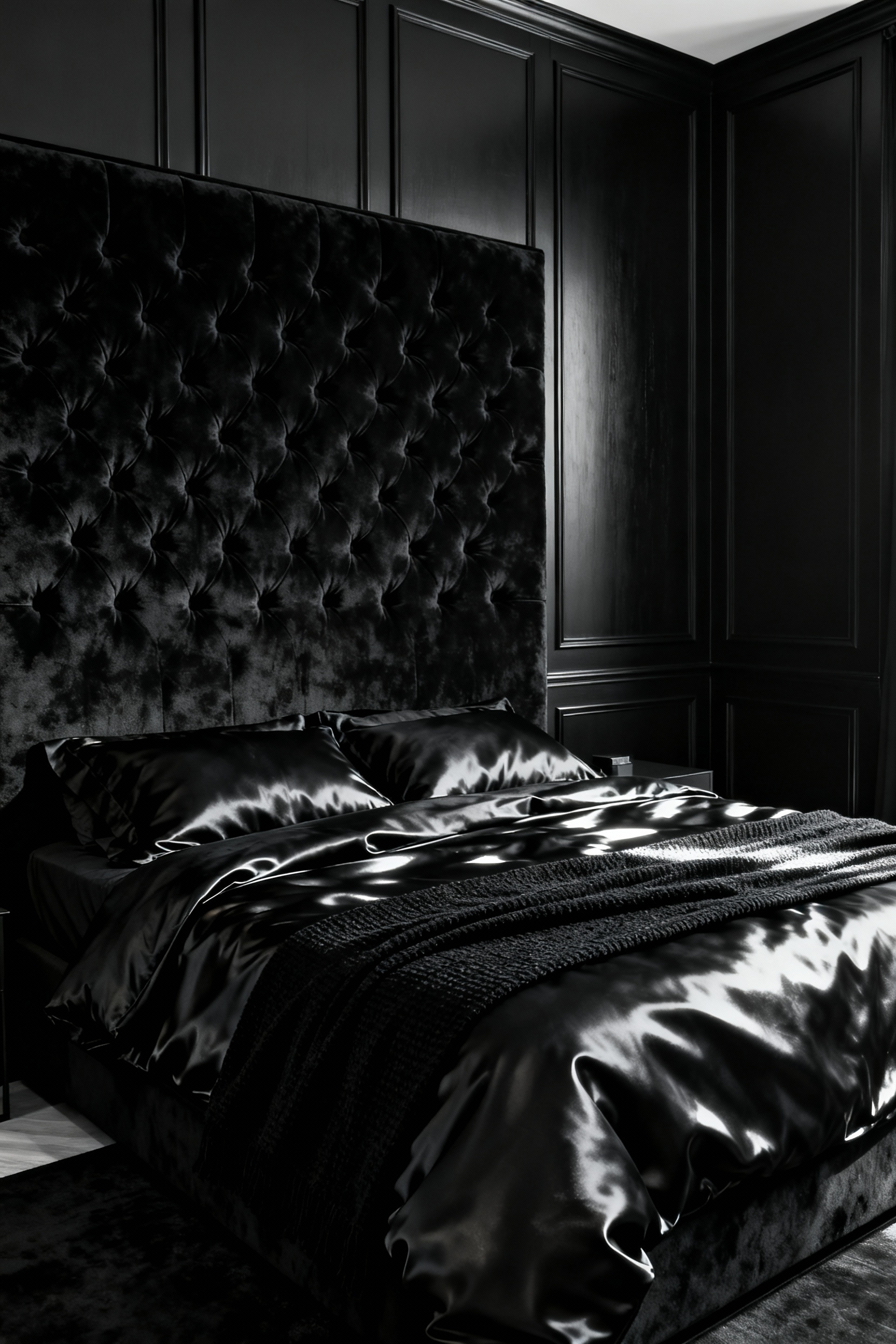A luxurious monochrome black bedroom featuring a deep tufted velvet headboard and highly reflective silk bedding, demonstrating how contrasting textures prevent the Black Hole Effect.