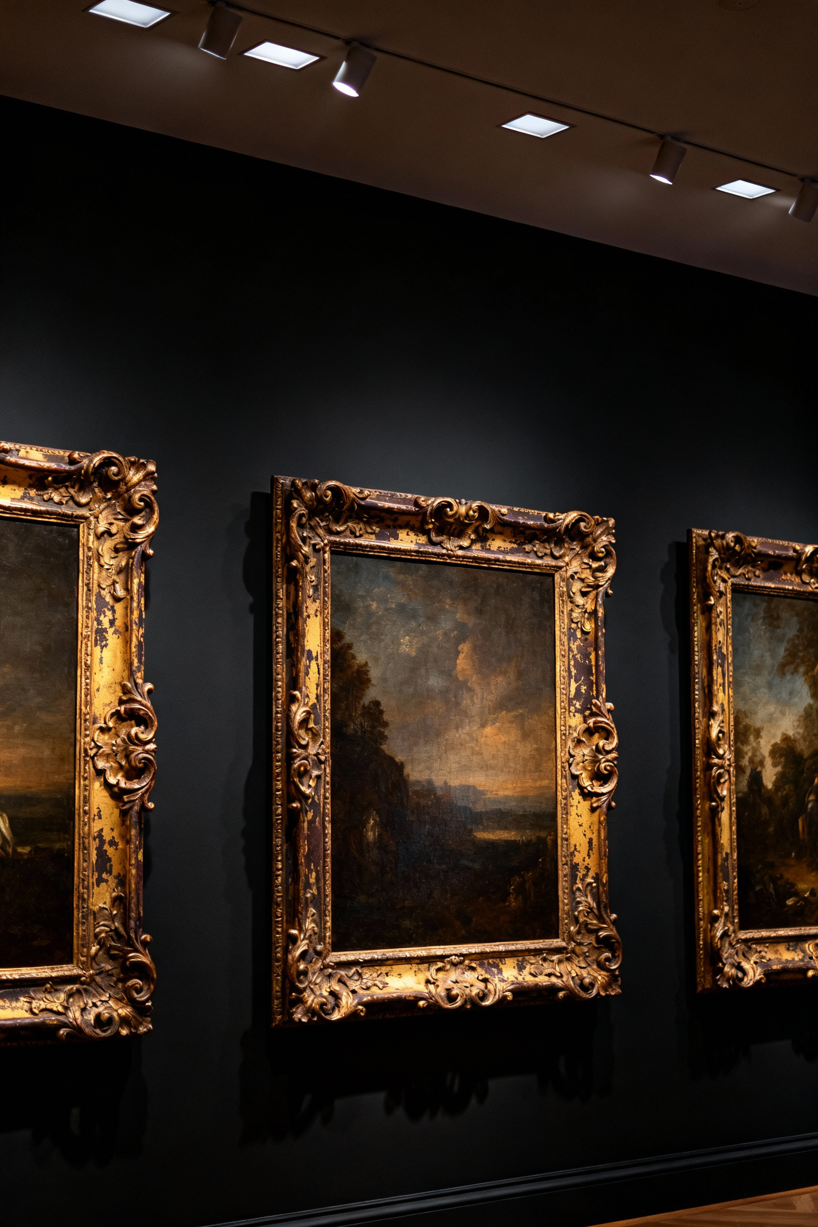 Ornate antique giltwood frames containing moody oil paintings dramatically anchored against a deep matte charcoal black wall, emphasizing the contrast between historical texture and contemporary simplicity.