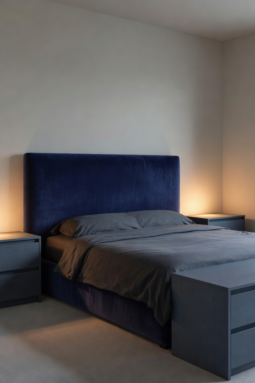 A calm bedroom interior featuring indigo and slate blue furniture designed for chromotherapy and better sleep quality.