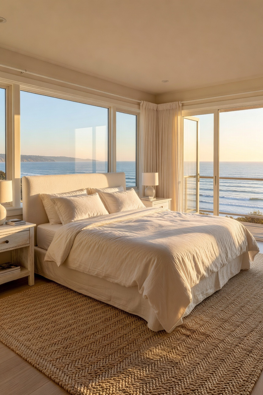 A wide-angle view of a bright coastal bedroom with a Belgian linen headboard and light wood furniture overlooking the sea.
