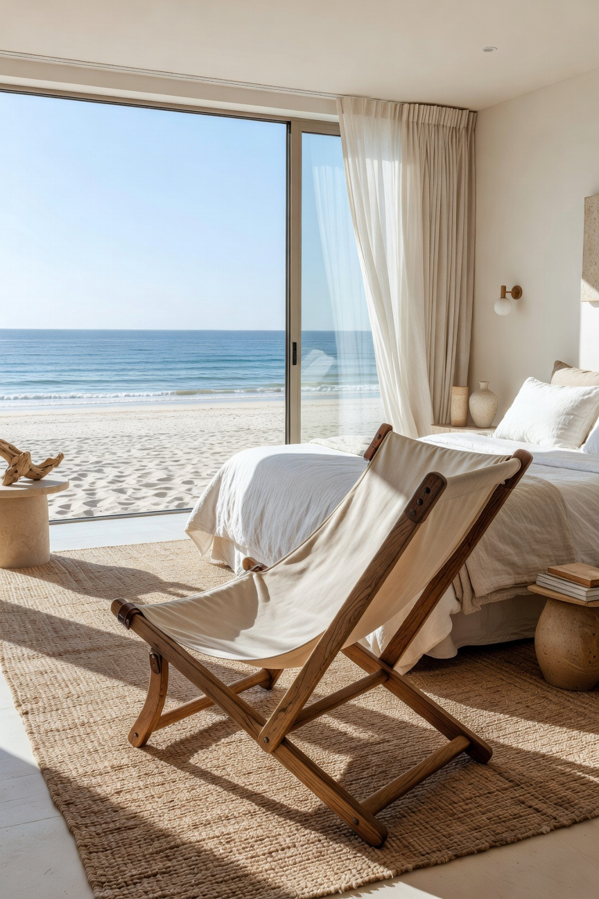 A high-end coastal bedroom interior featuring a vintage canvas-sling lounge chair with an oak frame and ocean views.