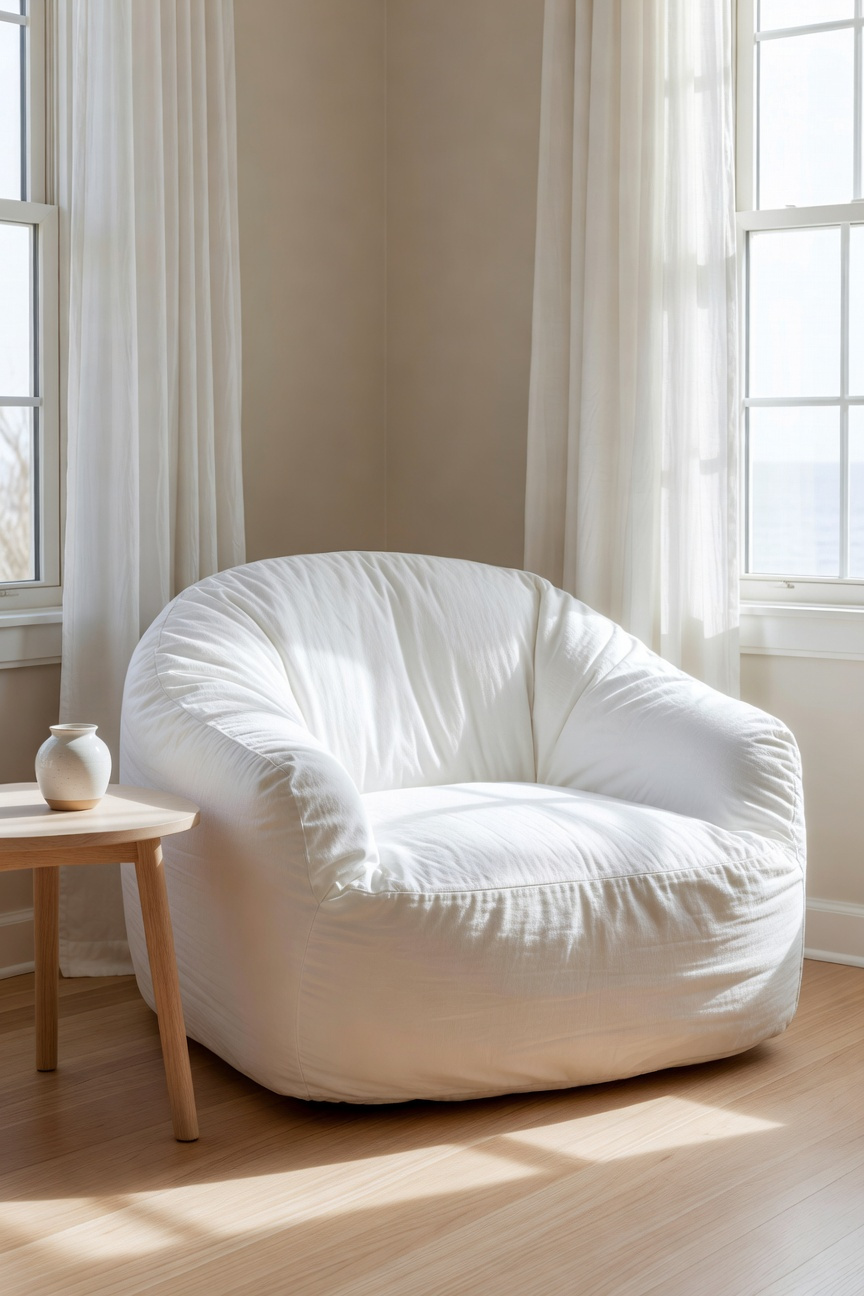 A rounded white slipcovered cotton accent chair in a bright coastal bedroom corner with natural sunlight.