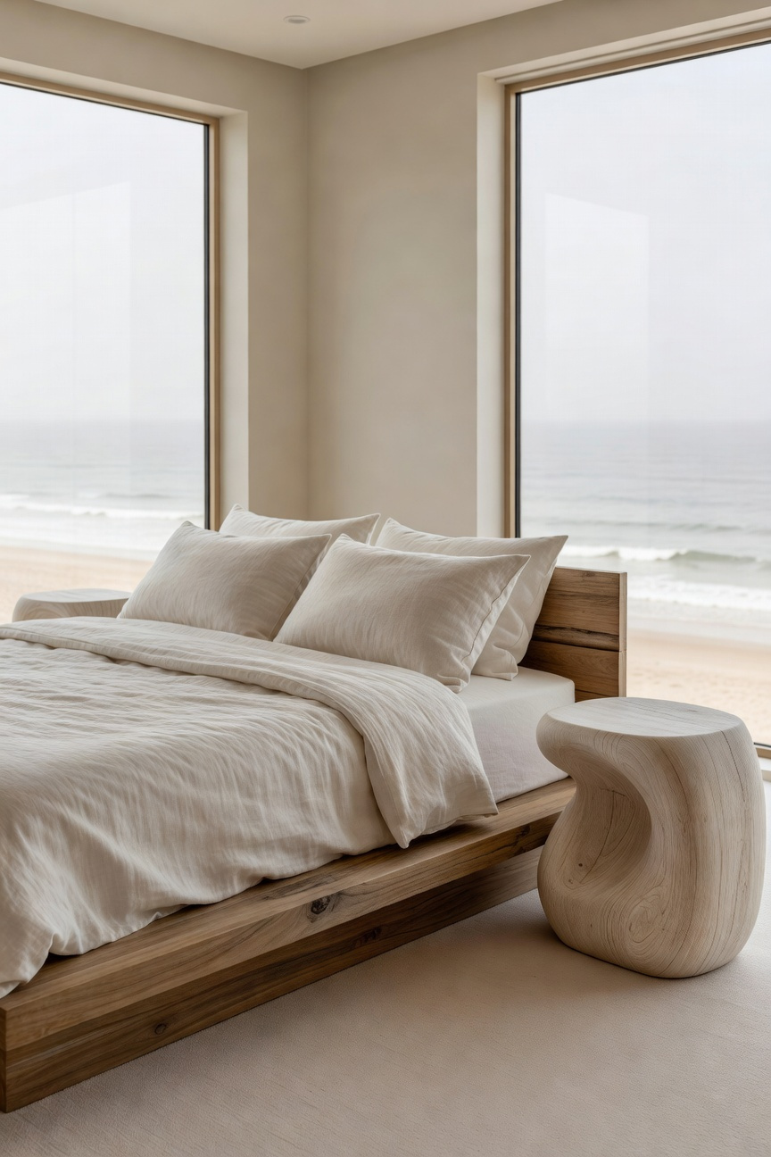 A bright coastal bedroom featuring a teak bed and sculptural oak nightstands with organic curved forms.