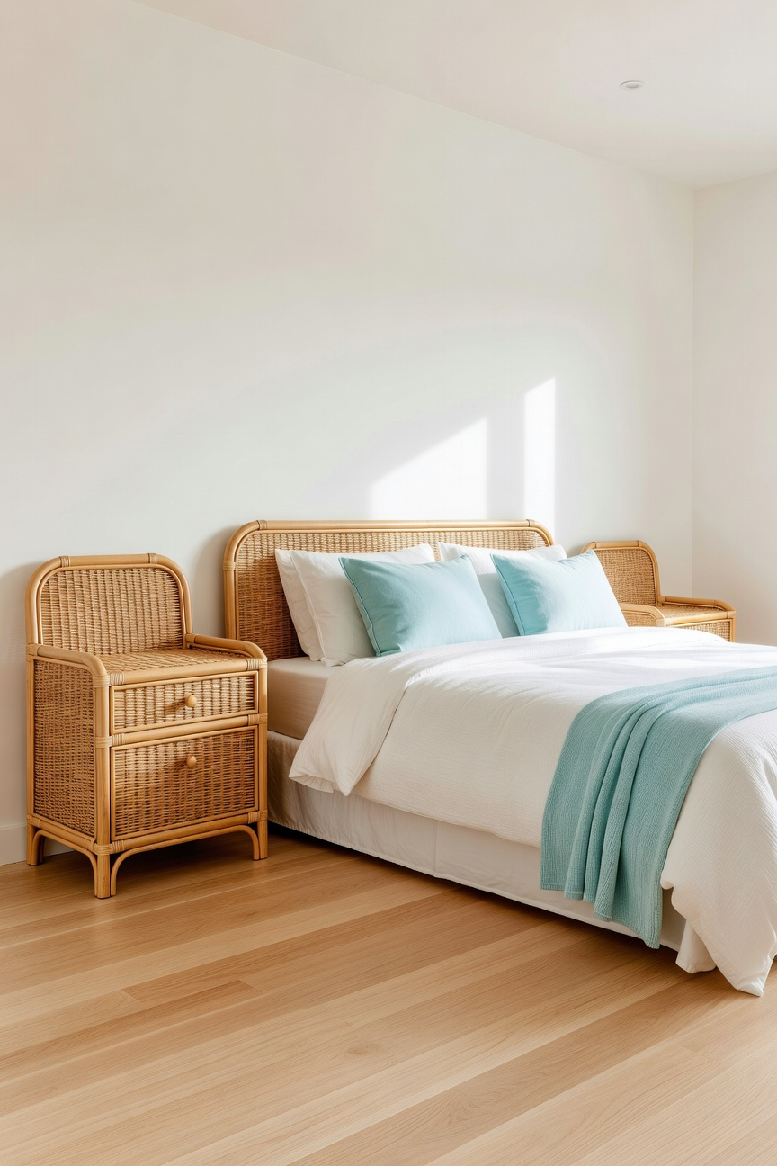 A bright coastal bedroom featuring natural rattan and cane nightstands next to a bed with white linens.