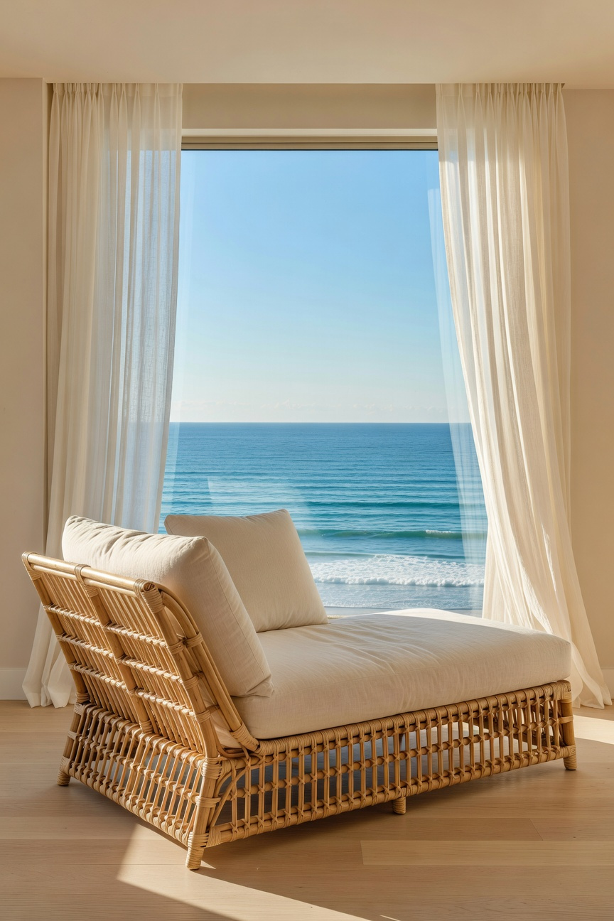 An oversized rattan reading chaise with white cushions positioned next to a large window with a view of the ocean in a coastal bedroom.