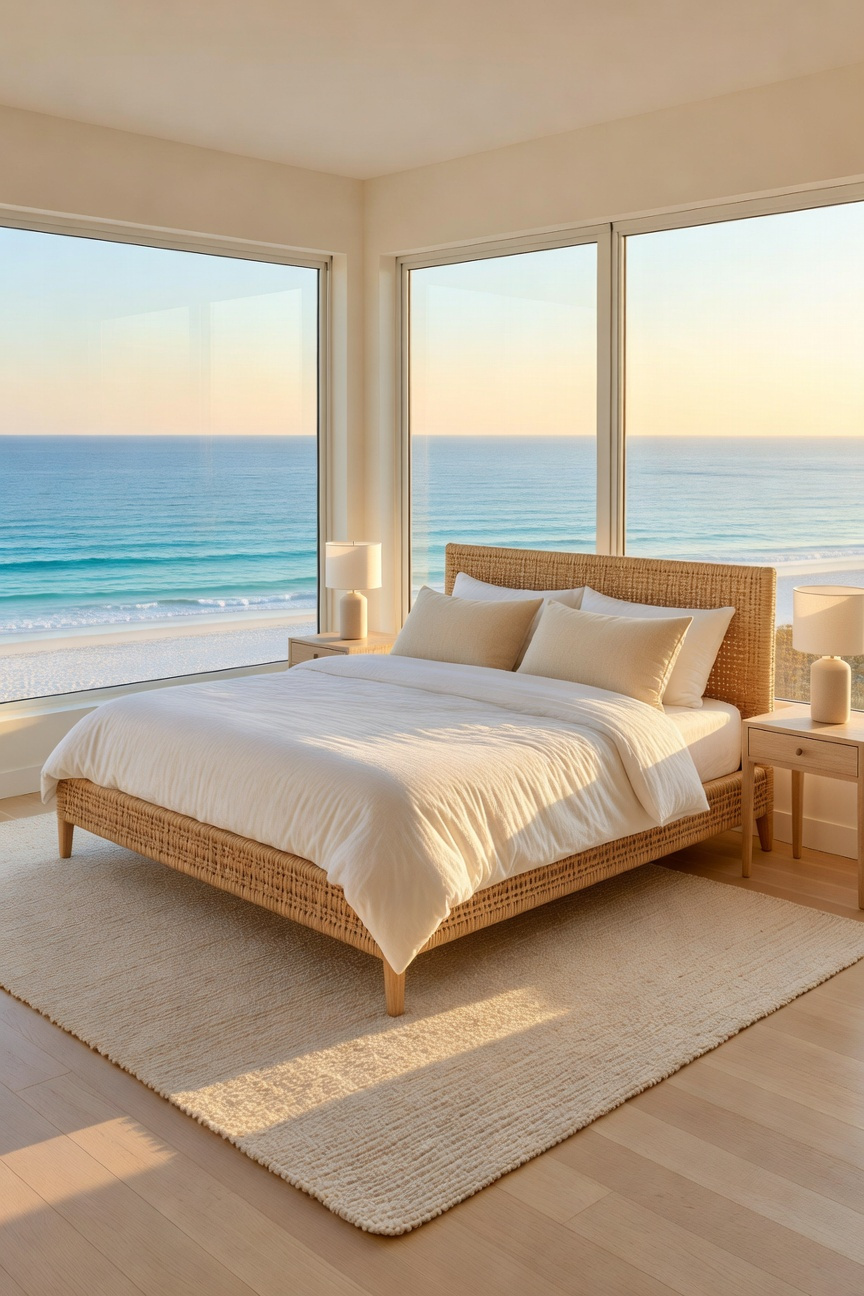 A luxury coastal bedroom featuring a sophisticated woven abaca bed frame with white bedding and a view of the ocean.