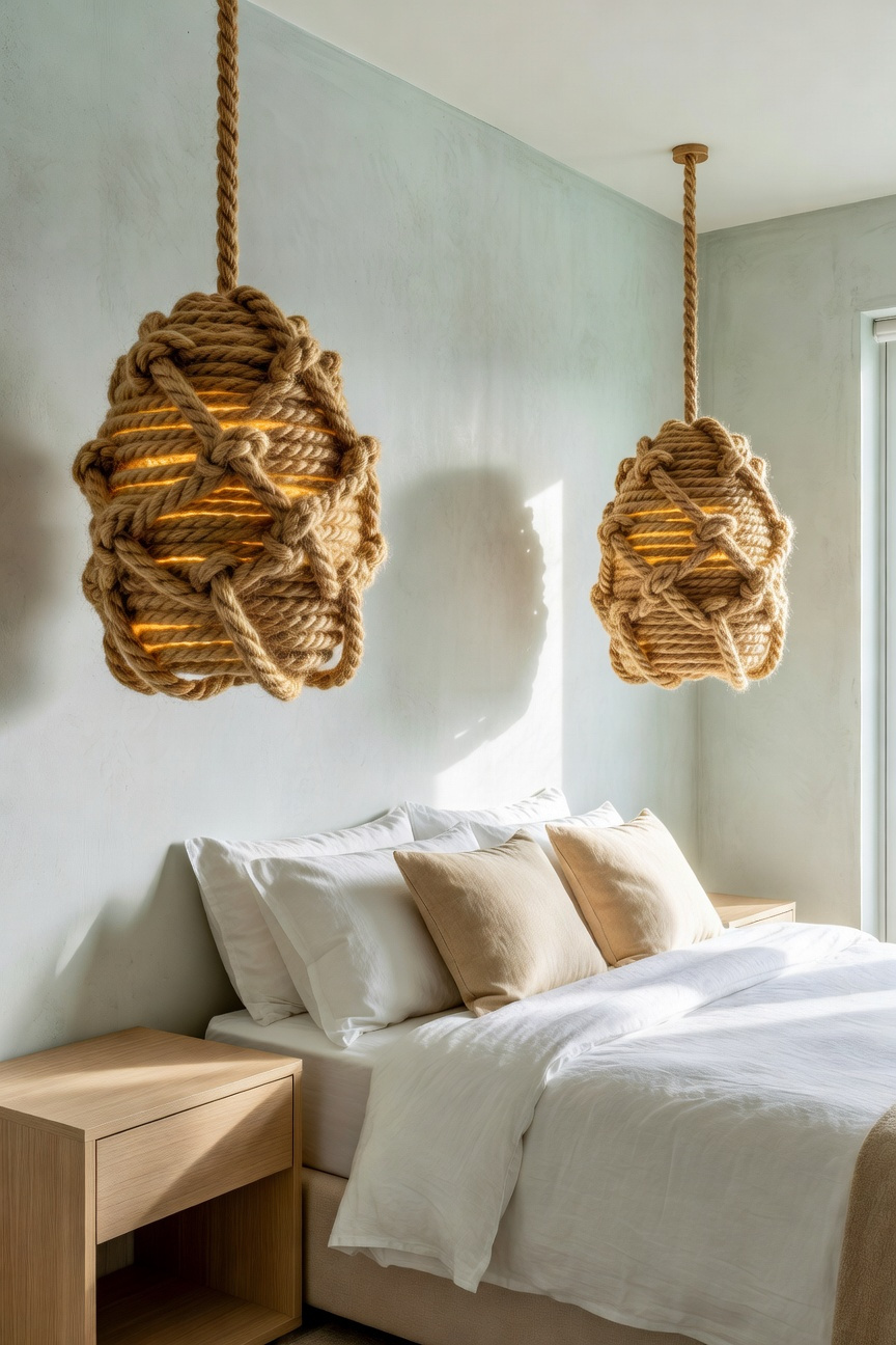 A bright coastal bedroom with two jute-wrapped pendant lights hanging above wooden nightstands next to a bed with white linen.