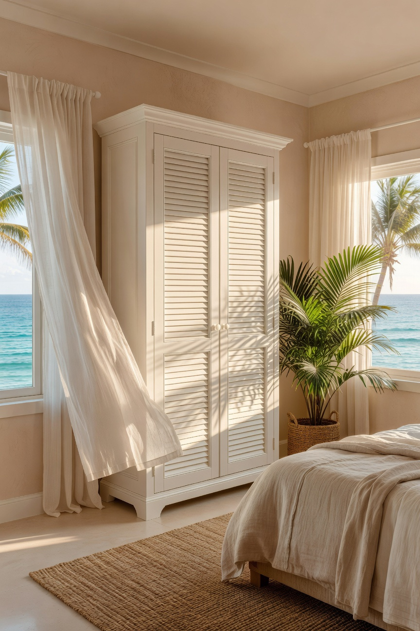A tall white louvered door armoire in a bright tropical bedroom with ocean views and natural sunlight.