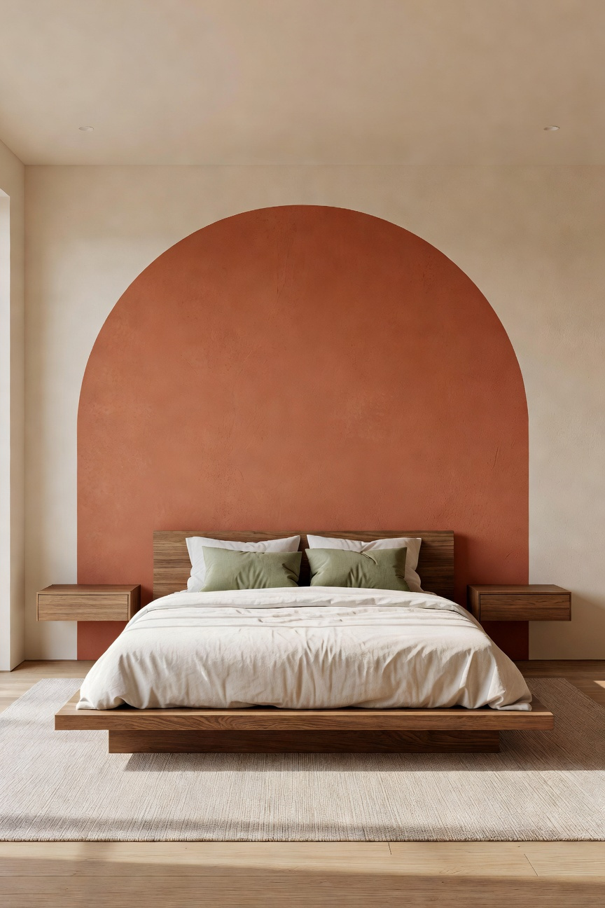 A modern bedroom featuring a large terracotta painted arch on the wall behind a platform bed to create a zoned sleeping area.