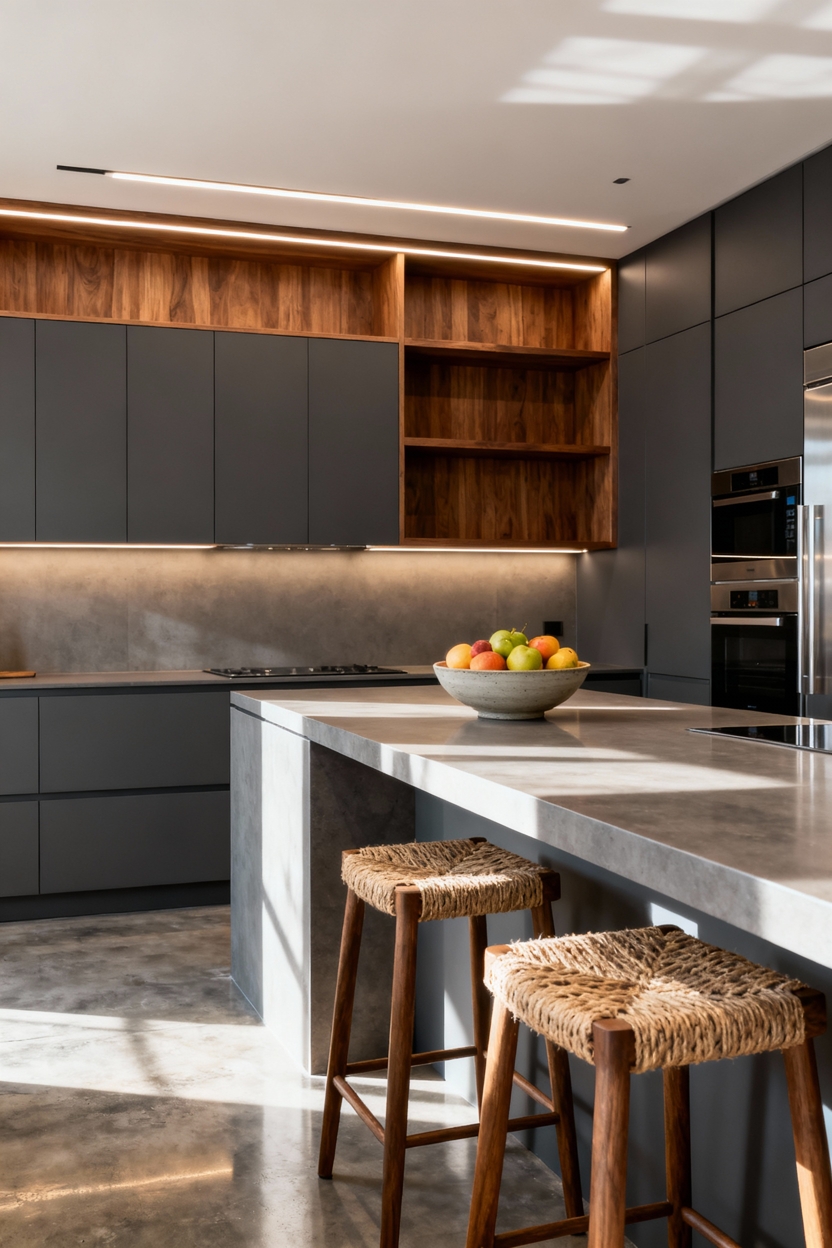 A contemporary kitchen combining dark gray minimalist cabinets, rich walnut wood accents, and warm architectural lighting to create a welcoming, sophisticated atmosphere.