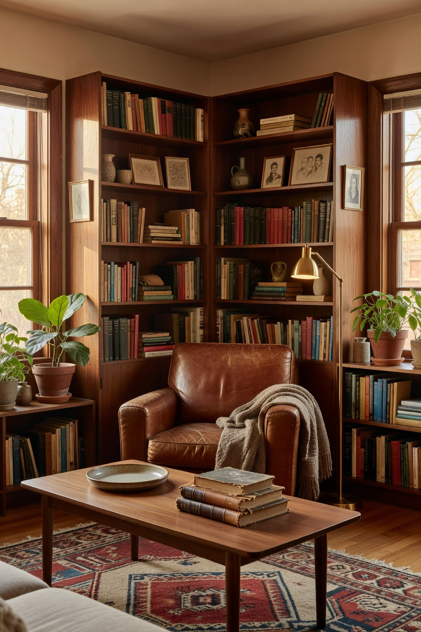 A sun-drenched living room with mid-century furniture and curated bookshelves showcasing a cozy and personal interior design style.