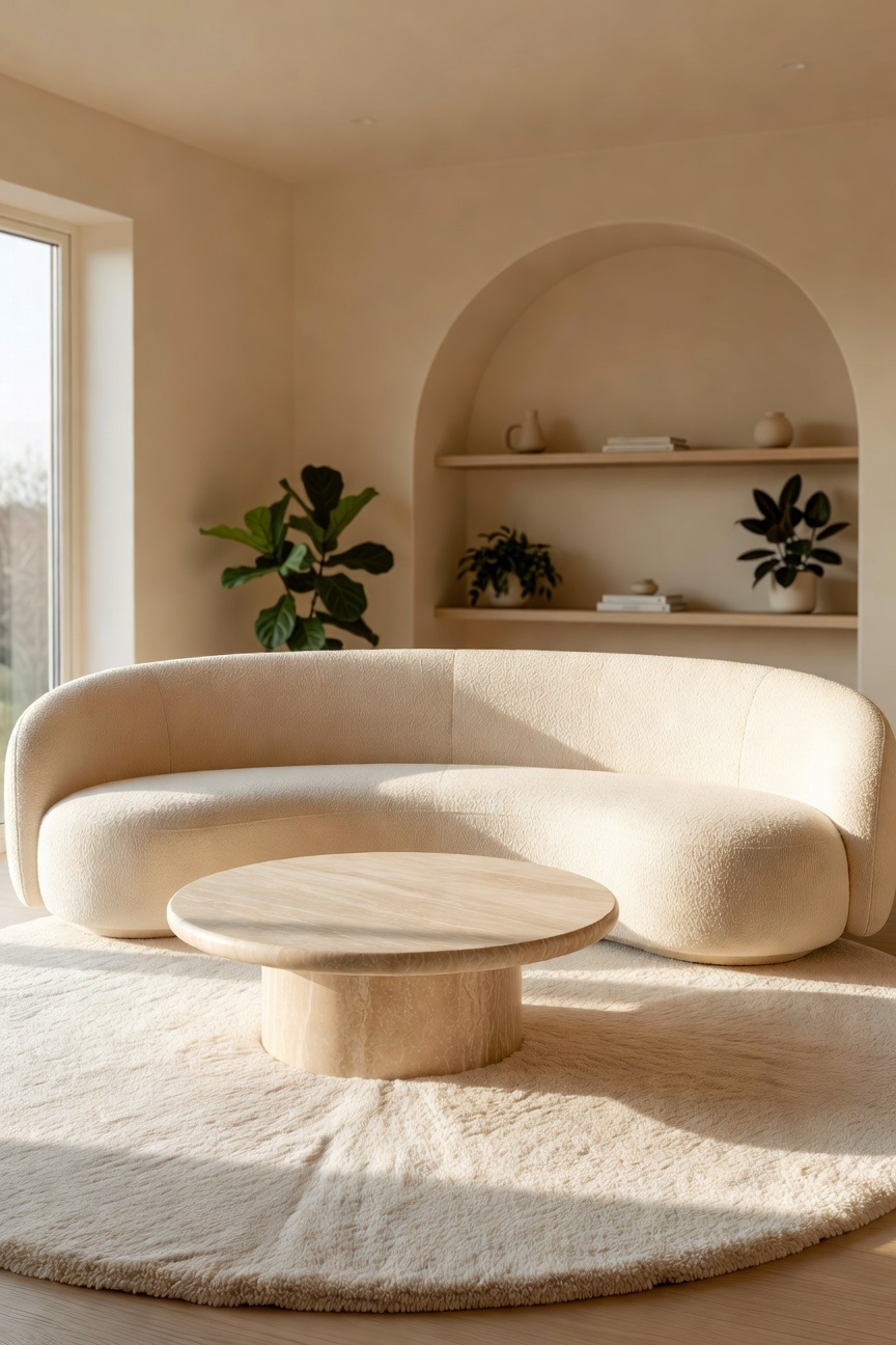 A bright and cozy living room featuring a curved cream sofa and round coffee table under warm natural light to create a relaxing atmosphere.