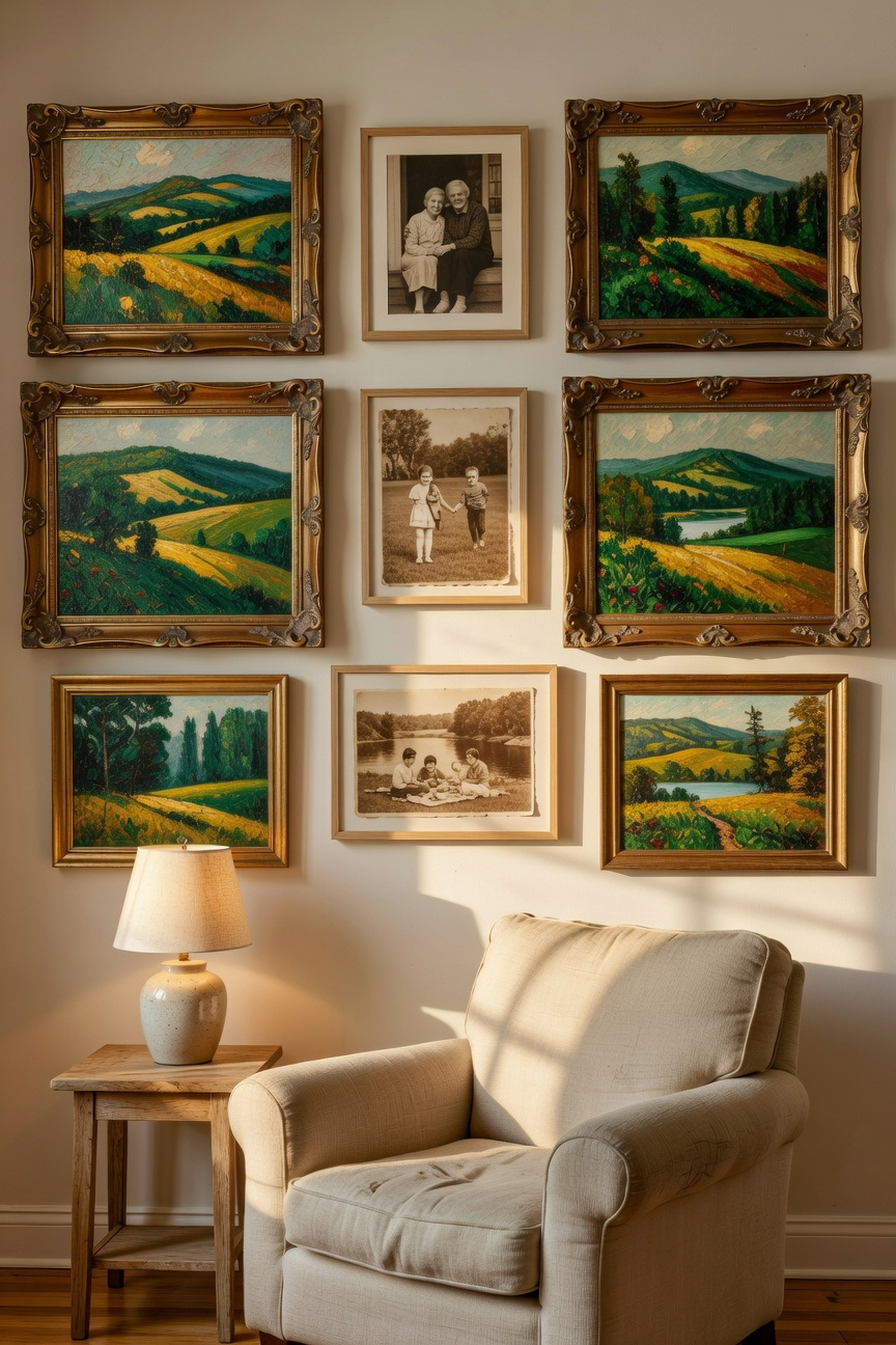 A cozy living room gallery wall displaying a combination of thrifted vintage oil landscapes and framed family photos above an armchair.