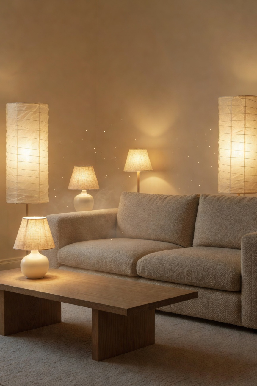 A serene living room featuring warm diffused lighting from rice paper lamps that creates a soft halo effect around the furniture.