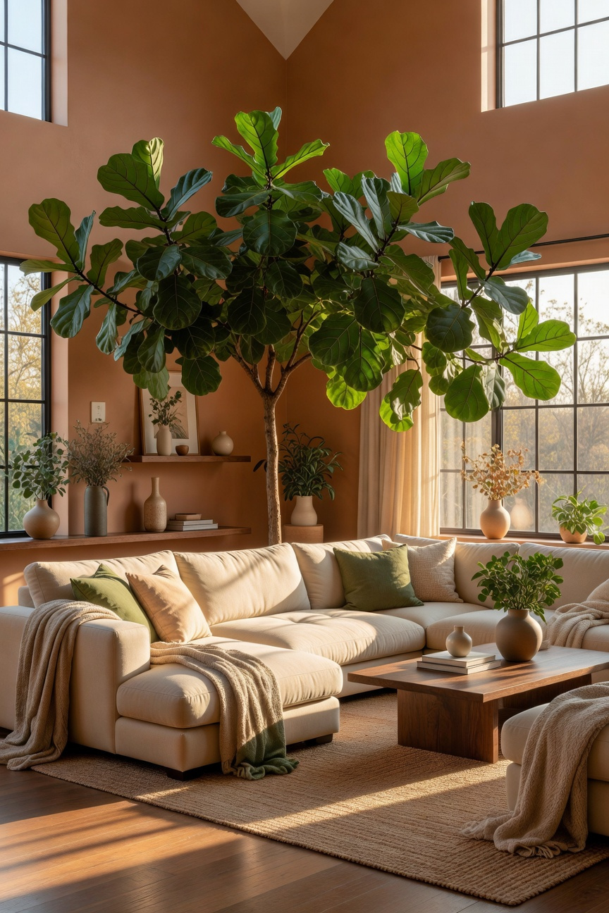 A bright and cozy living room with high ceilings featuring a large Fiddle Leaf Fig tree that creates a natural canopy over a plush sectional sofa.