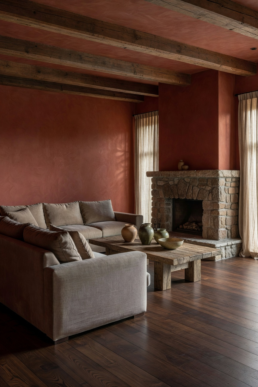 A spacious living room with a cozy living room look featuring muddied earthy hues of clay red and brown with natural wood accents and soft lighting.